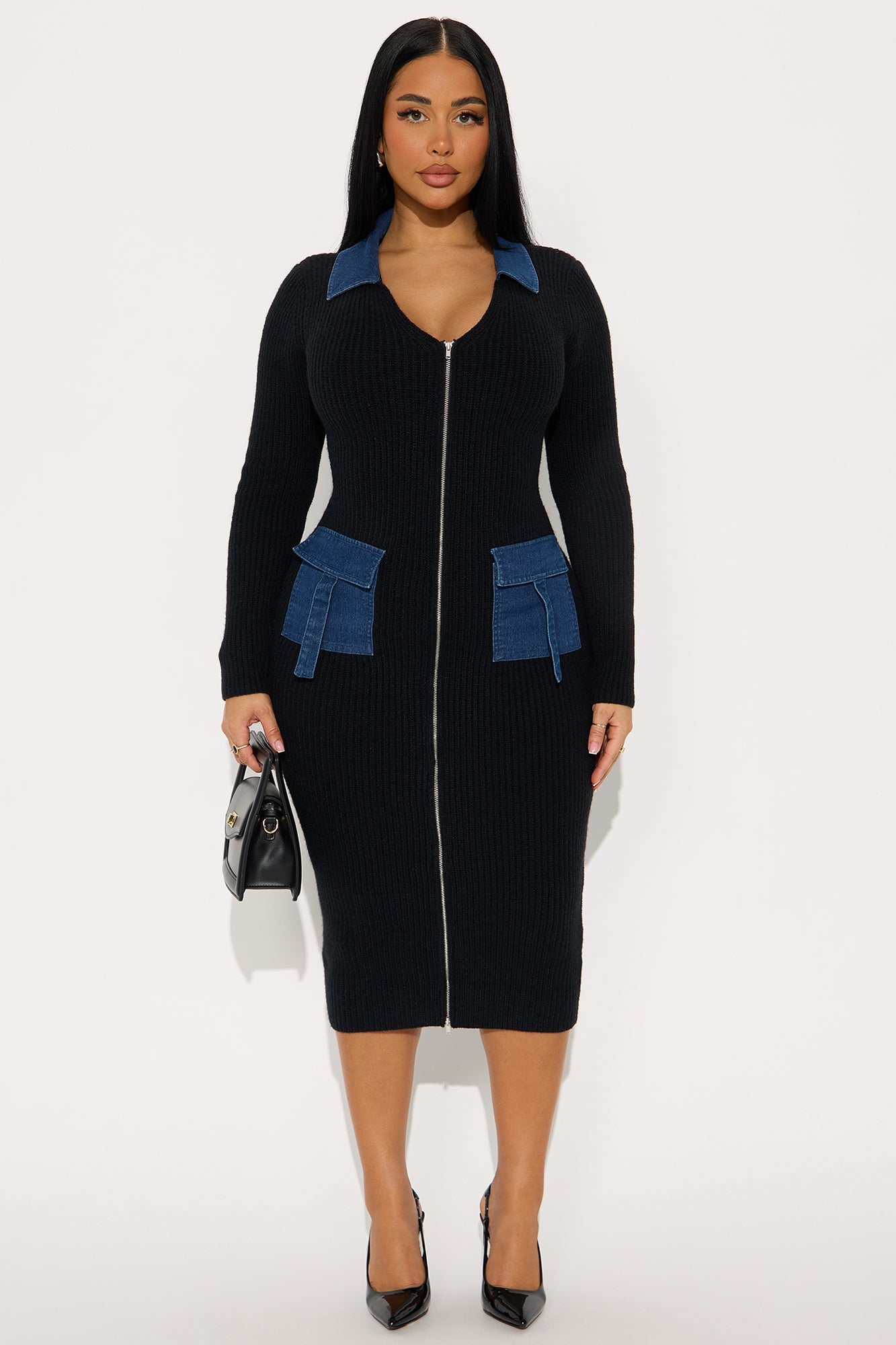 Mixed Feelings Denim Sweater Midi Dress - Black/combo