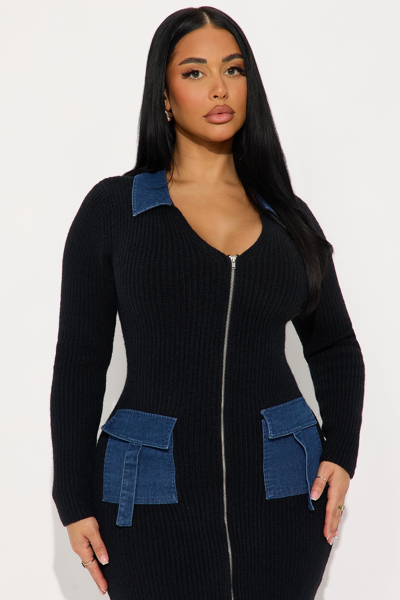 Mixed Feelings Denim Sweater Midi Dress - Black/combo