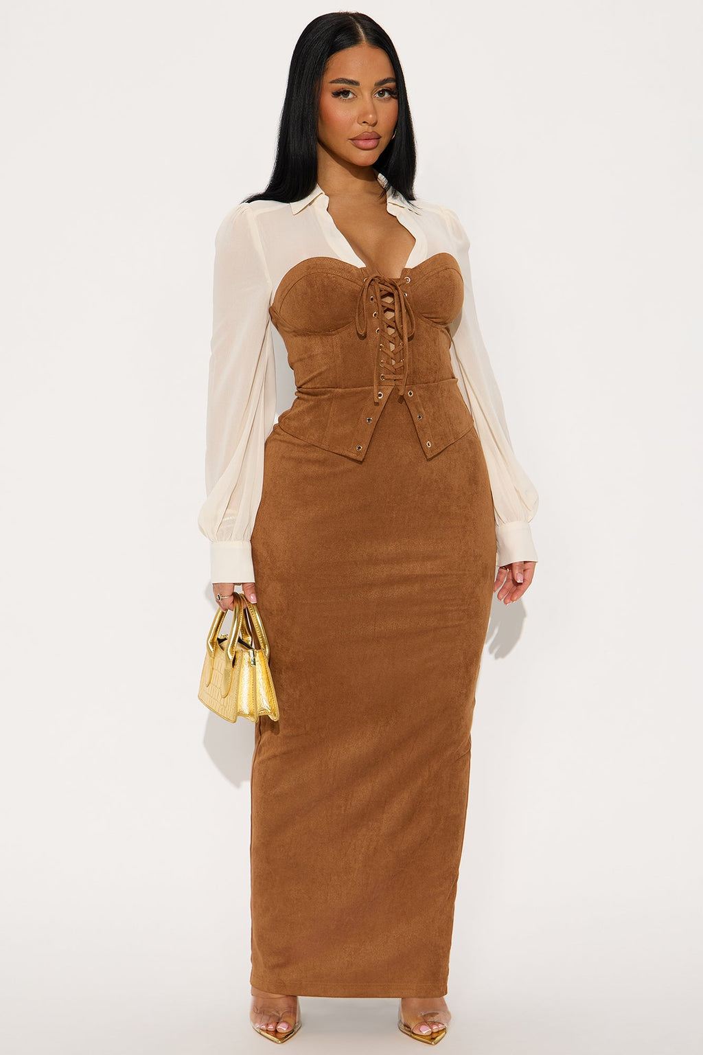 Orian Faux Suede Maxi COrset Shirt Dress - Brown/combo