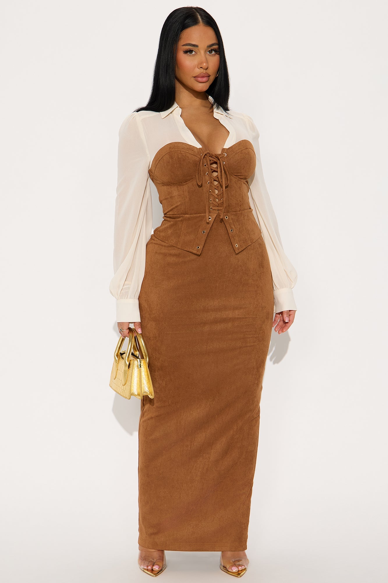 Orian Faux Suede Maxi COrset Shirt Dress - Brown/combo