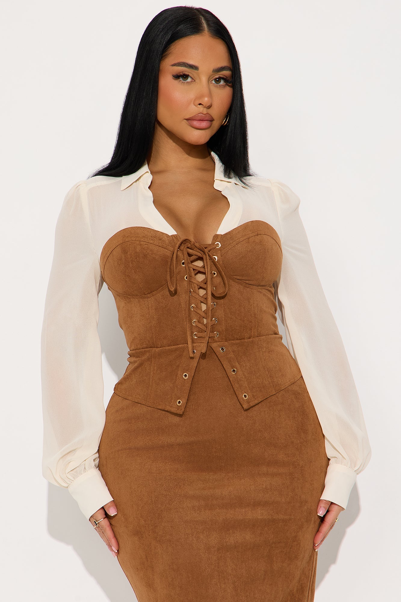 Orian Faux Suede Maxi COrset Shirt Dress - Brown/combo
