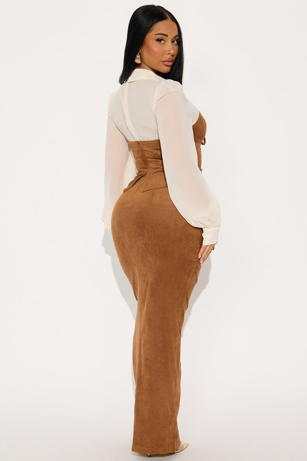 Orian Faux Suede Maxi COrset Shirt Dress - Brown/combo