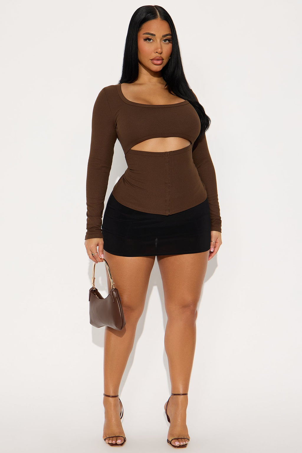 Liora Cut Out Ribbed Long Sleeve Top - Brown