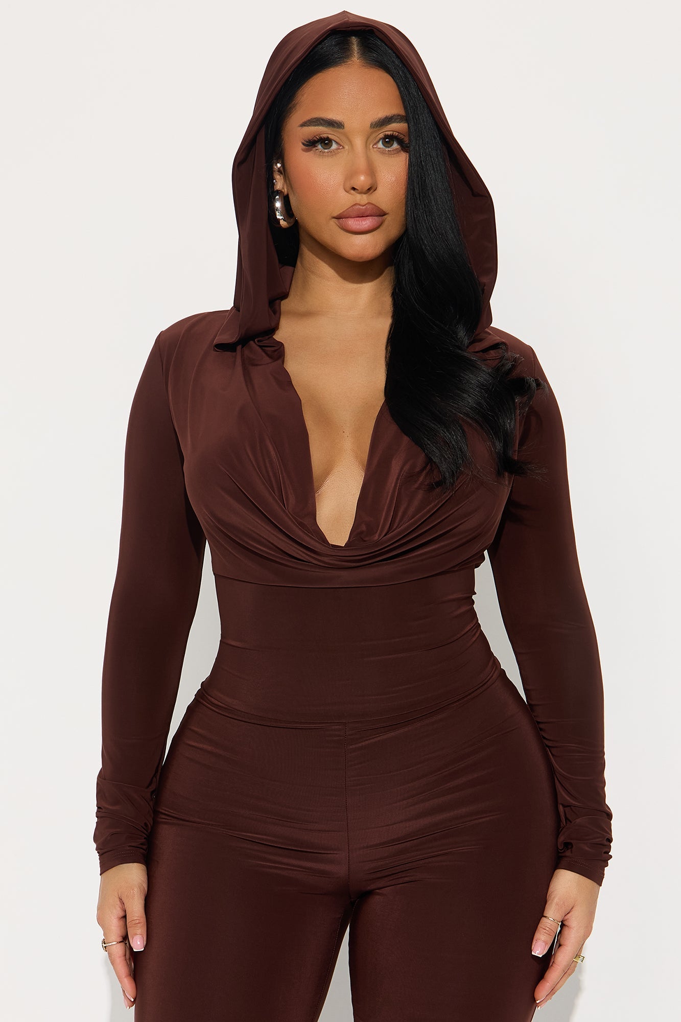 Julie Cowl Neck Hooded Jumpsuit - Chocolate