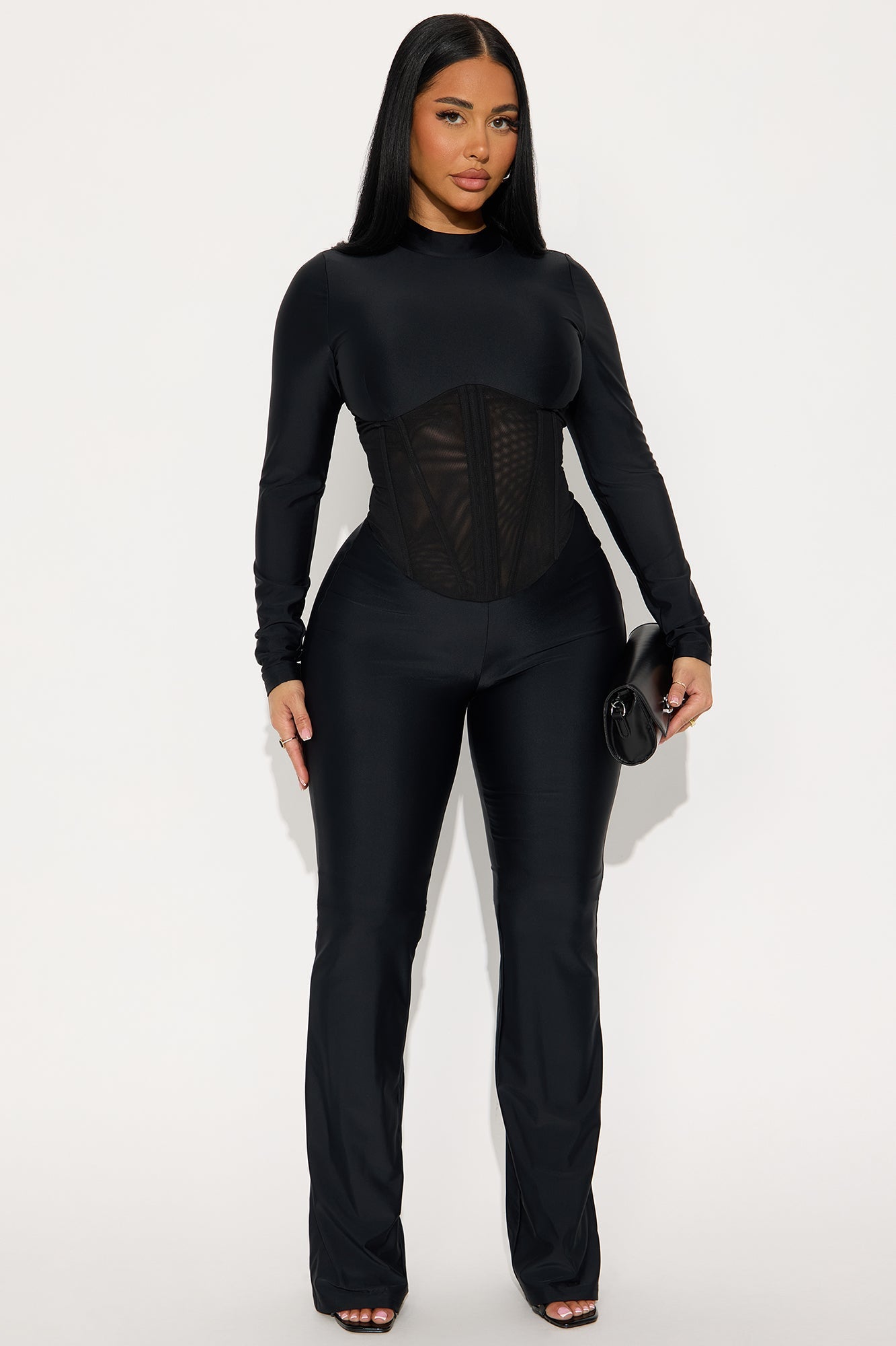Aria Long Sleeve Corset Waist Jumpsuit - Black