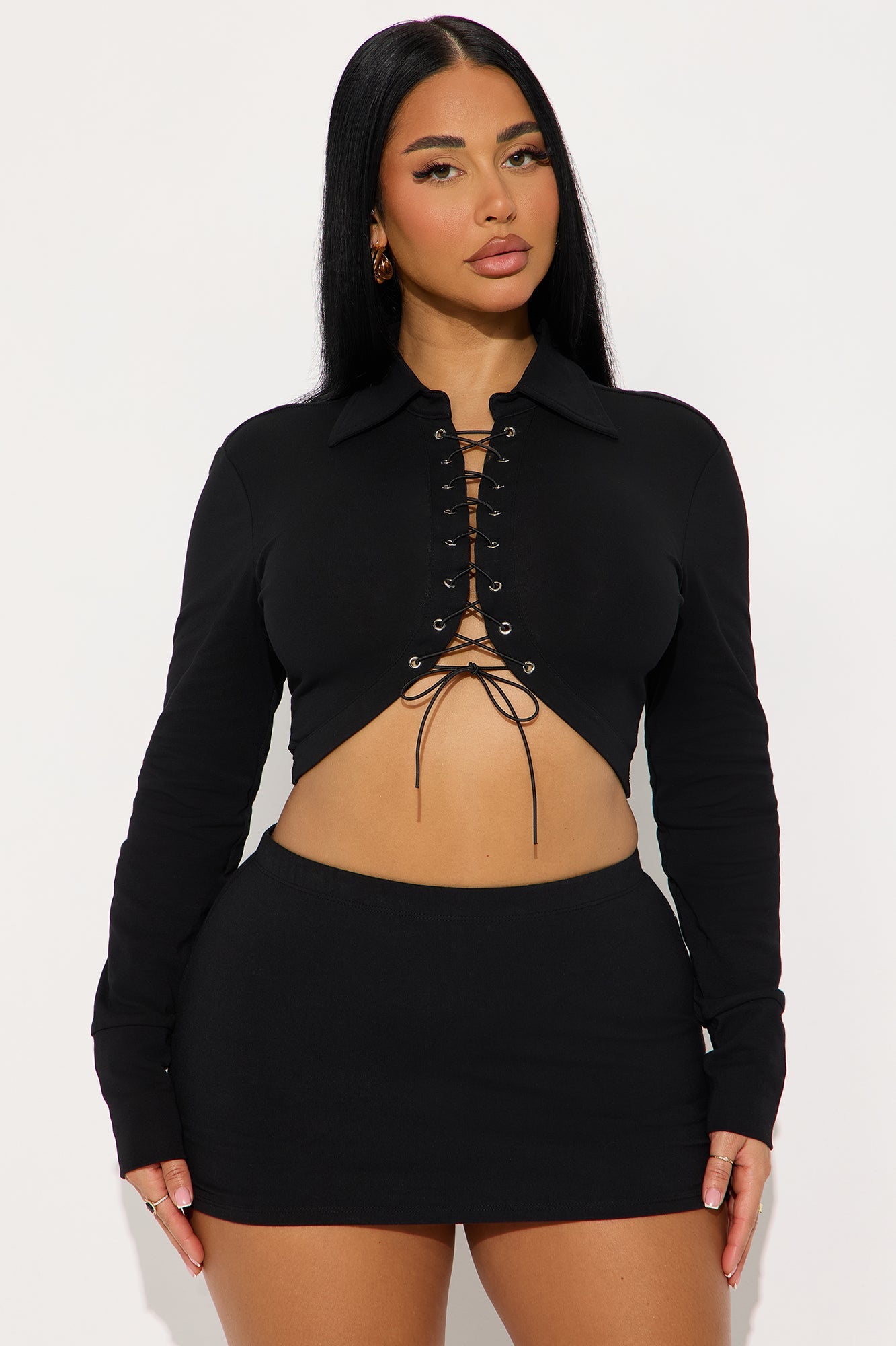 New York Long Sleeve Lace Up Top - Black