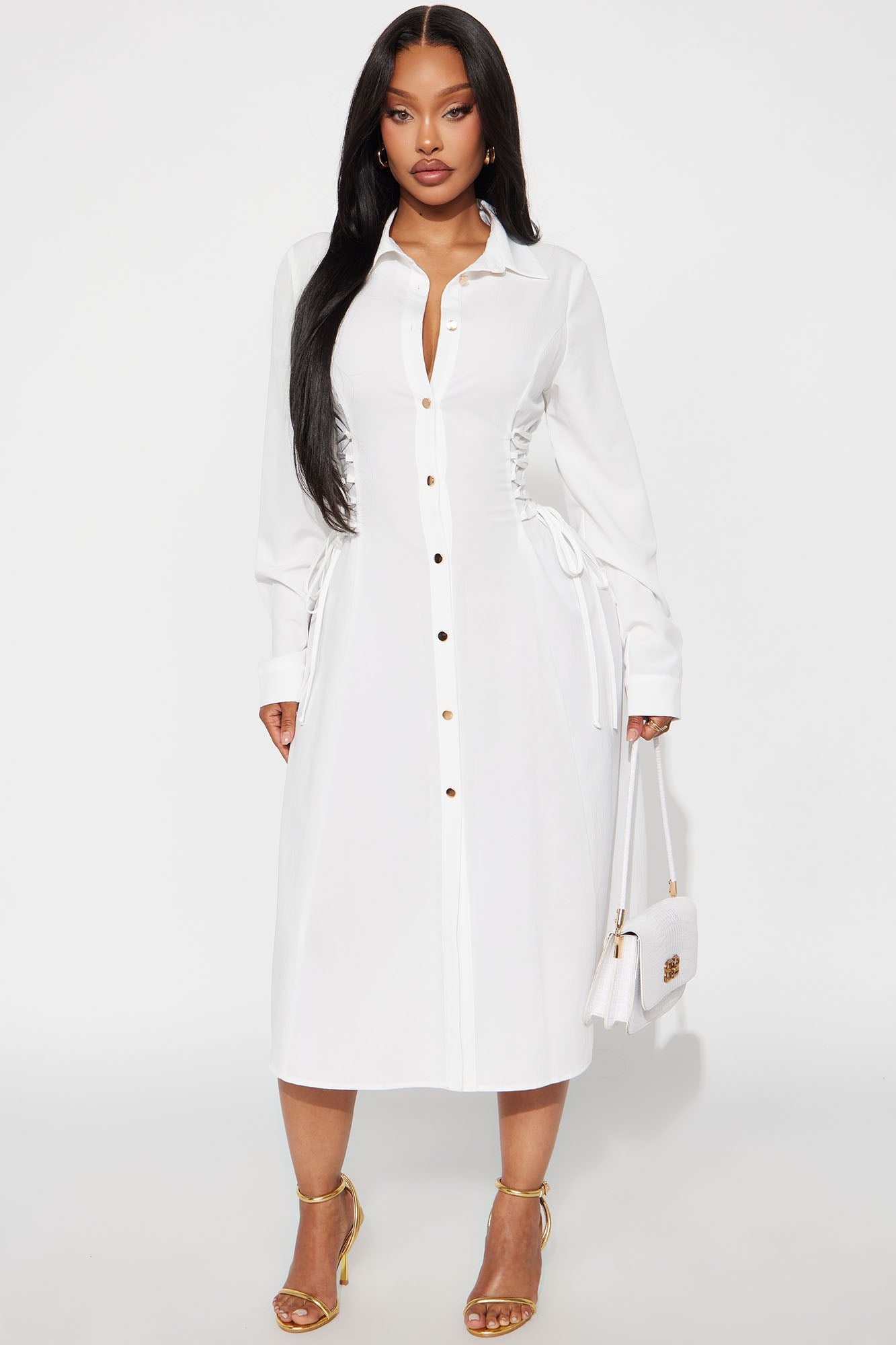 Josephine Collar Long Sleeve Midi Dress - White
