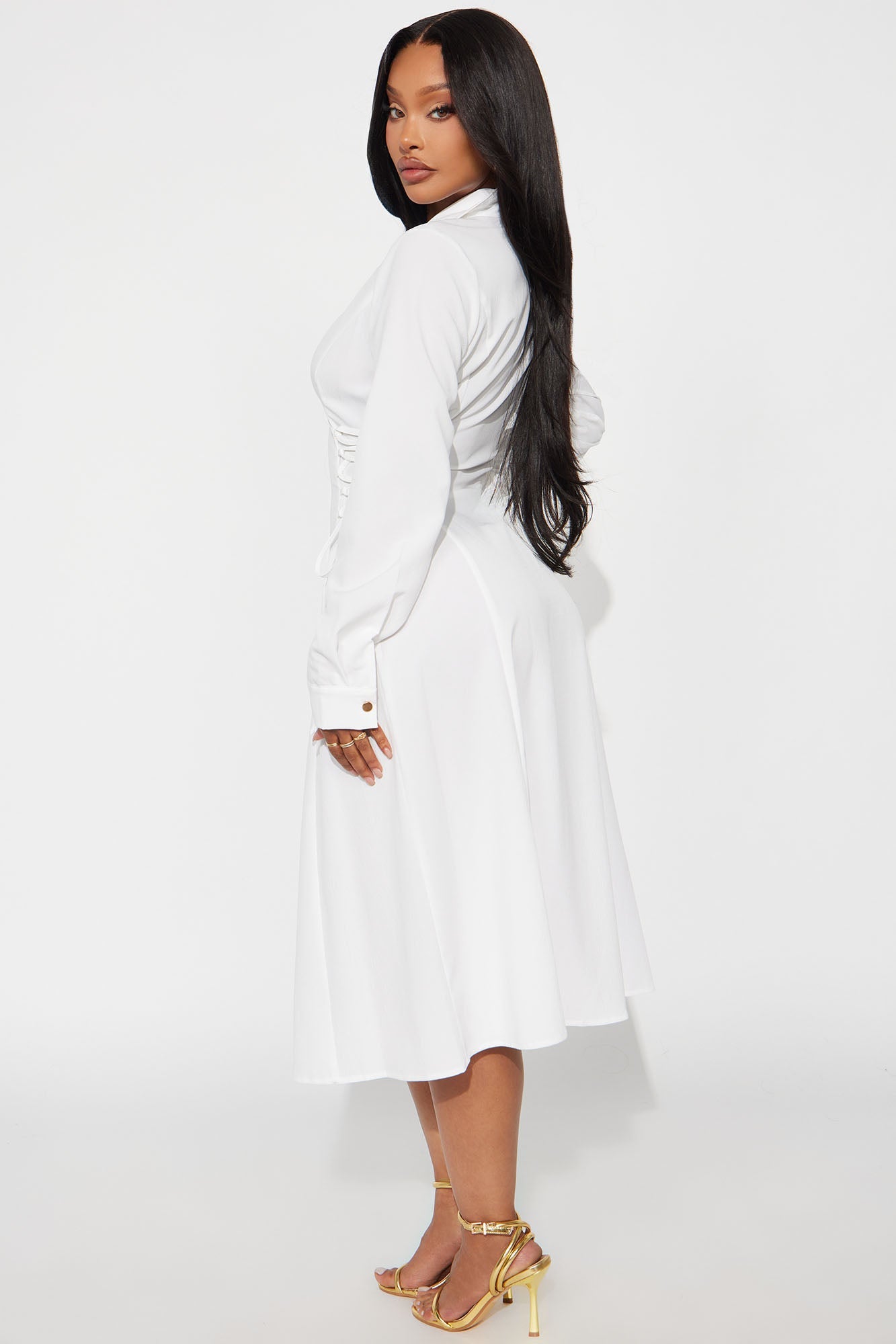 Josephine Collar Long Sleeve Midi Dress - White