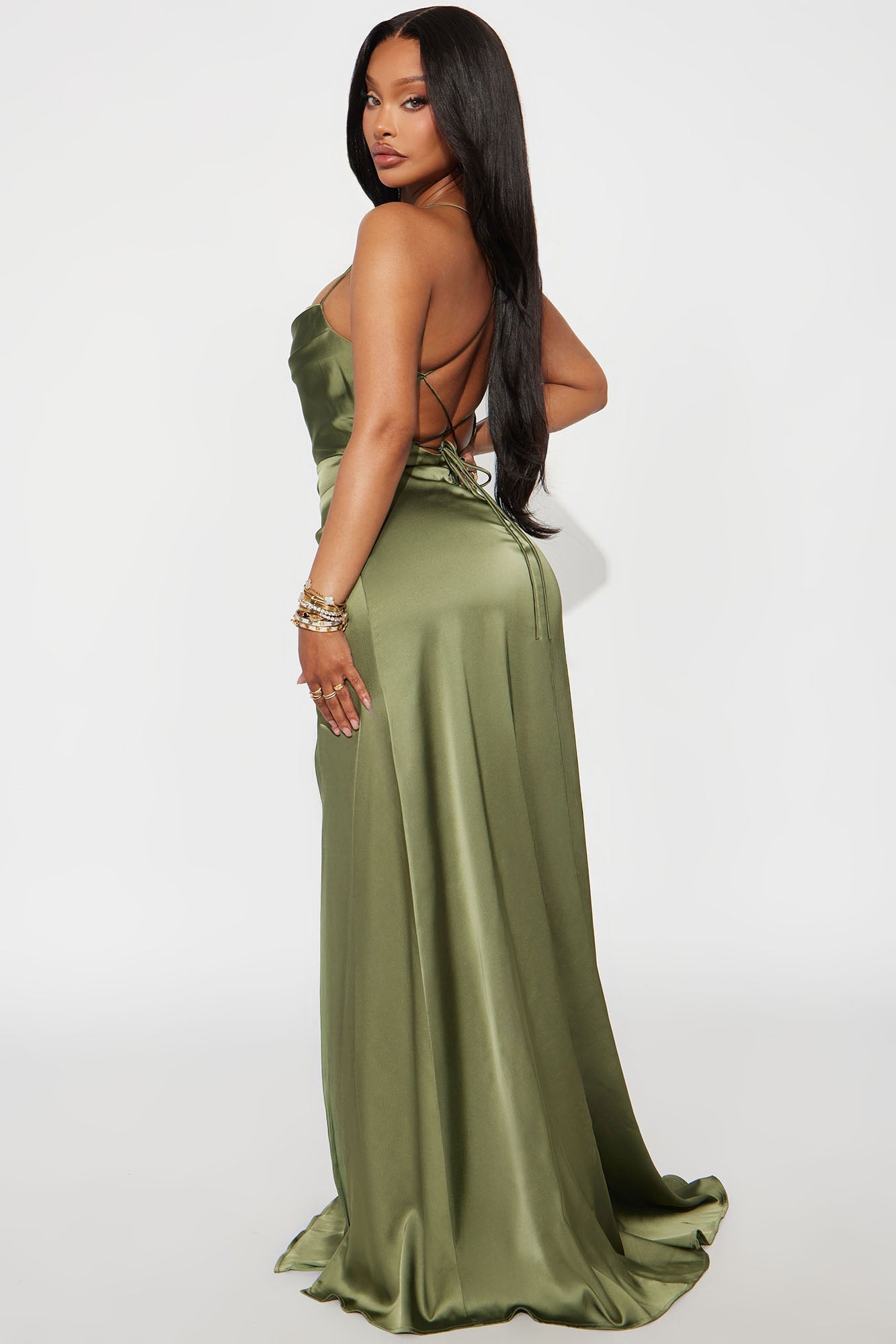 Glow Mood Satin Gown - Olive