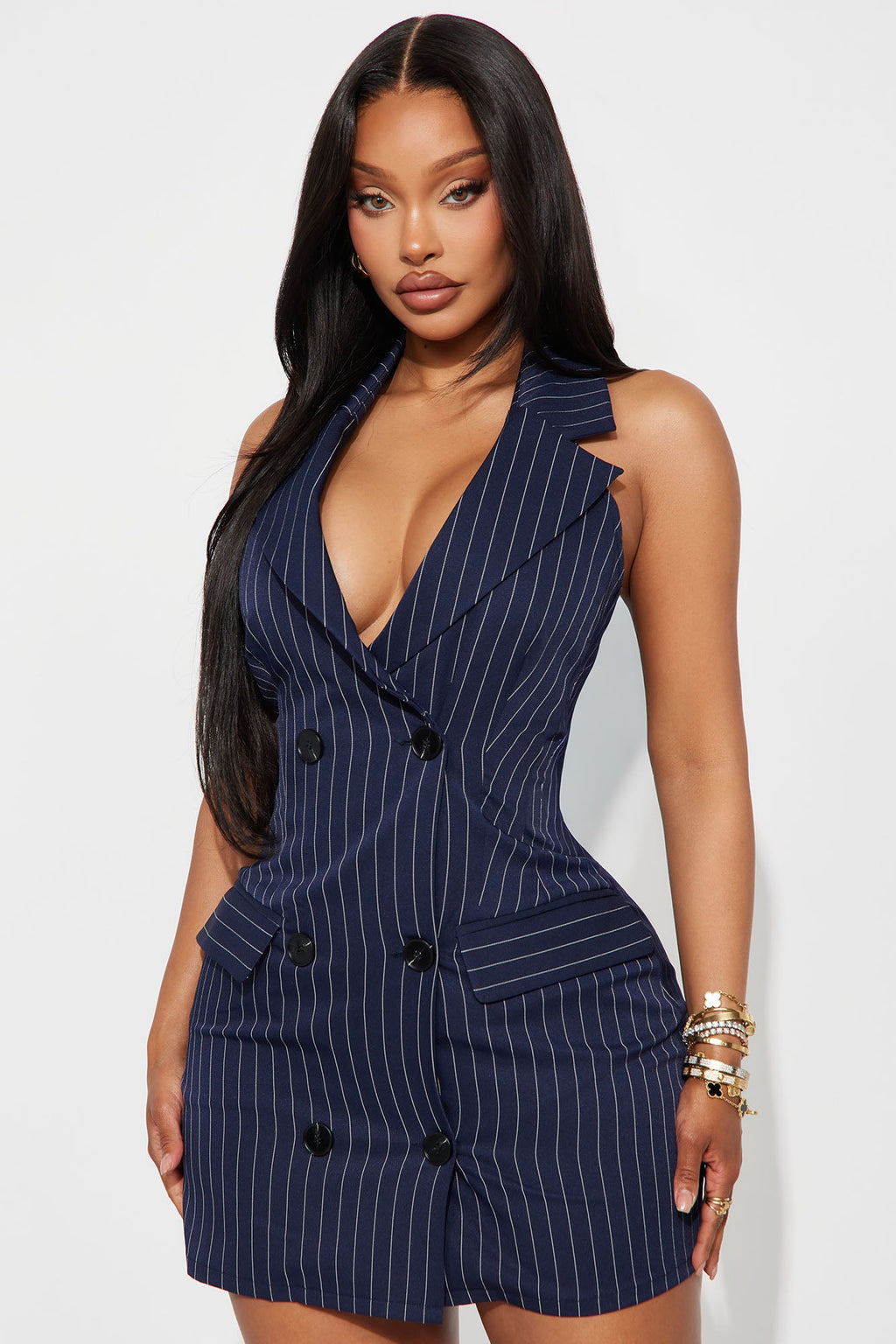 Gianna Collar Pinstripe Mini Dress - Navy