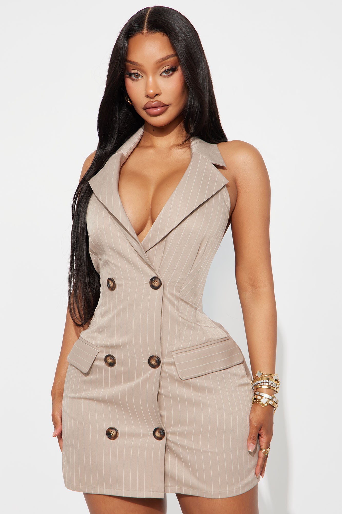Gianna Collar Pinstripe Mini Dress - Taupe