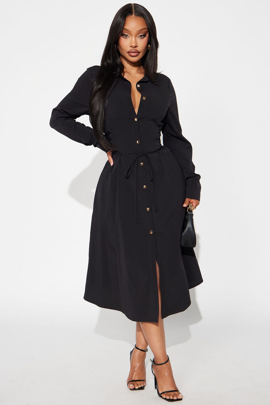 Josephine Collar Long Sleeve Midi Dress - Black