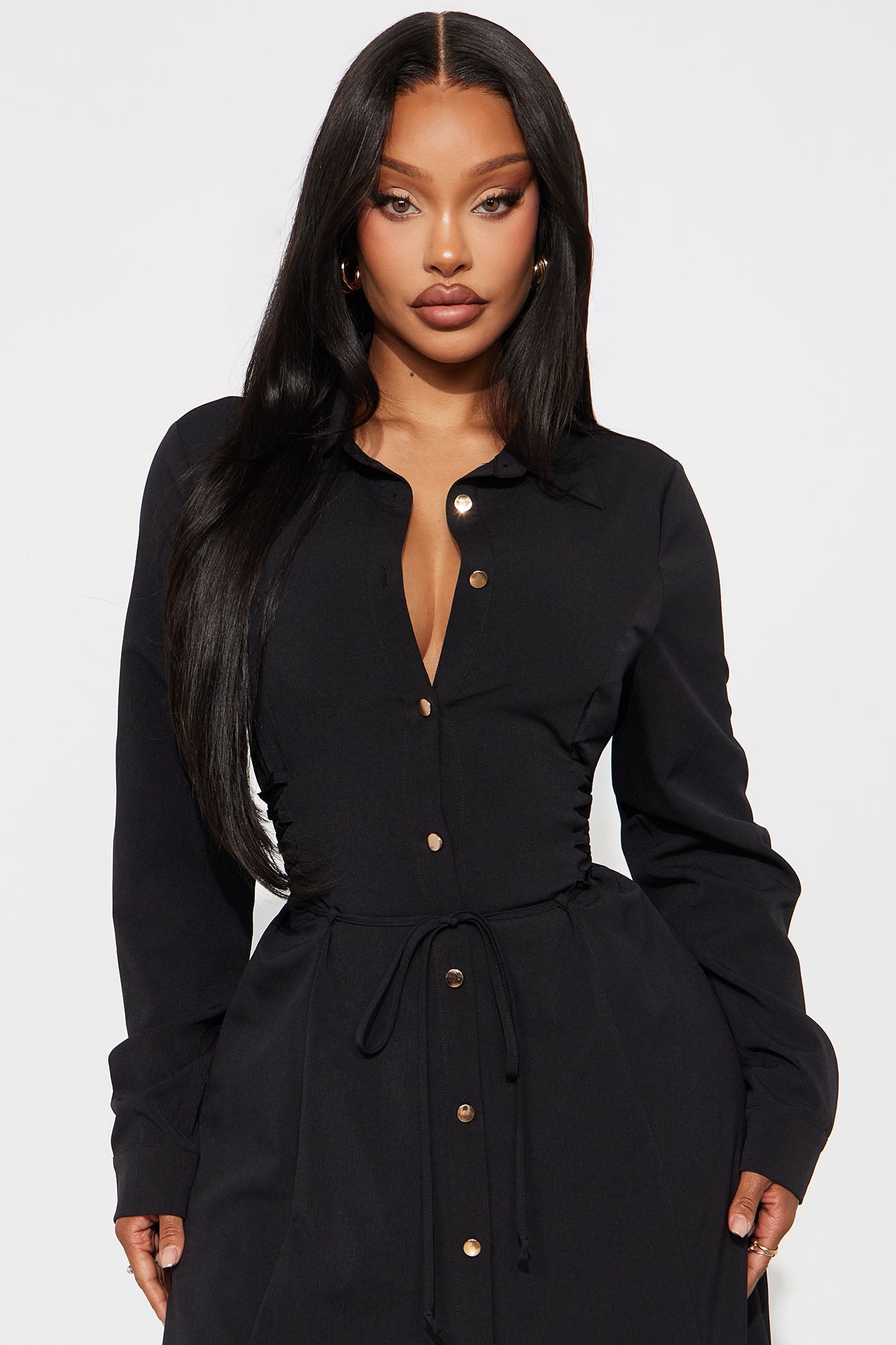 Josephine Collar Long Sleeve Midi Dress - Black