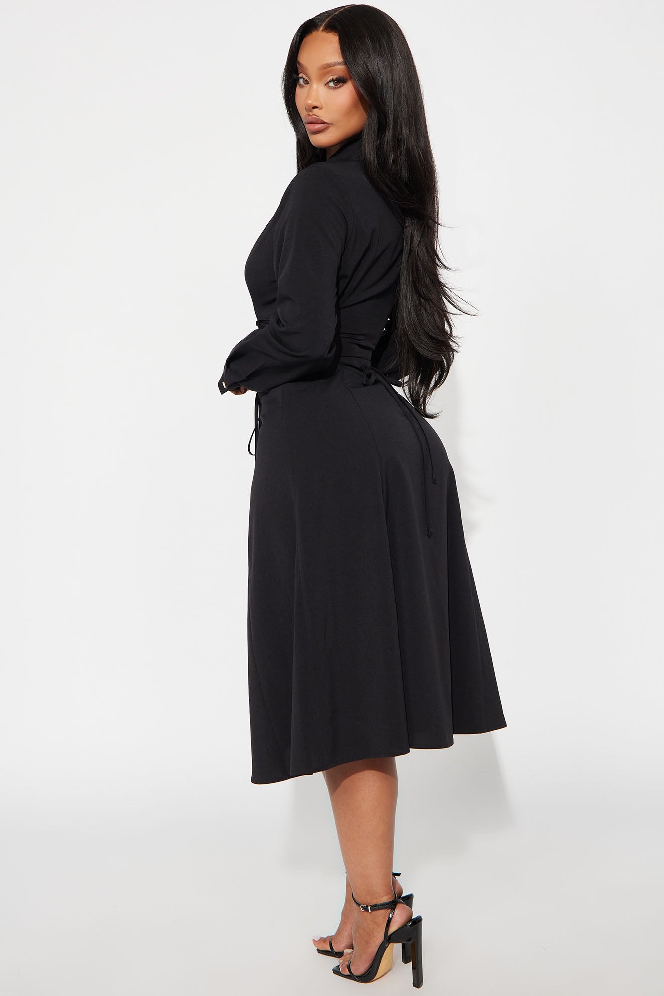 Josephine Collar Long Sleeve Midi Dress - Black