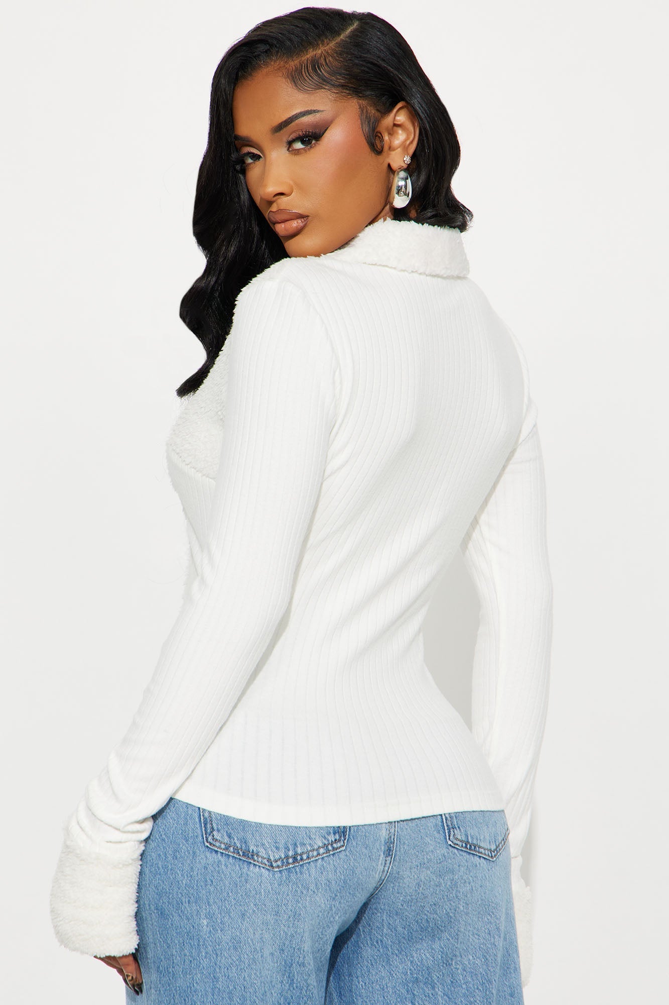 Jade Fur Trim Ribbed Top - Ivory