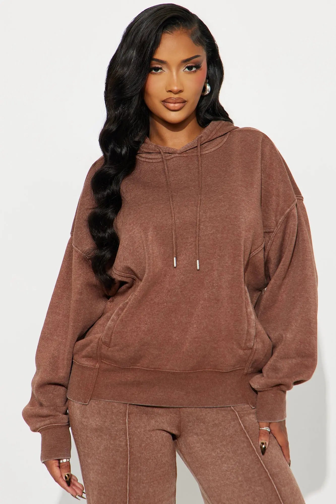 Everyday Ease Washed Fleece Pant Set - Brown 