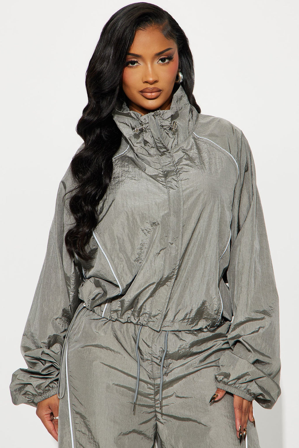 Watch Me Windbreaker Zip Up Pant Set - Silver 