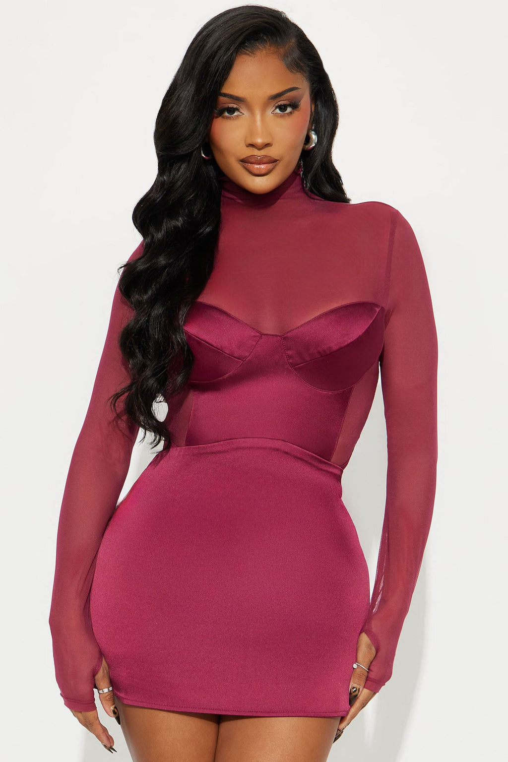 Caught On Camera Satin Bodysuit Skirt Set - Burgundy 