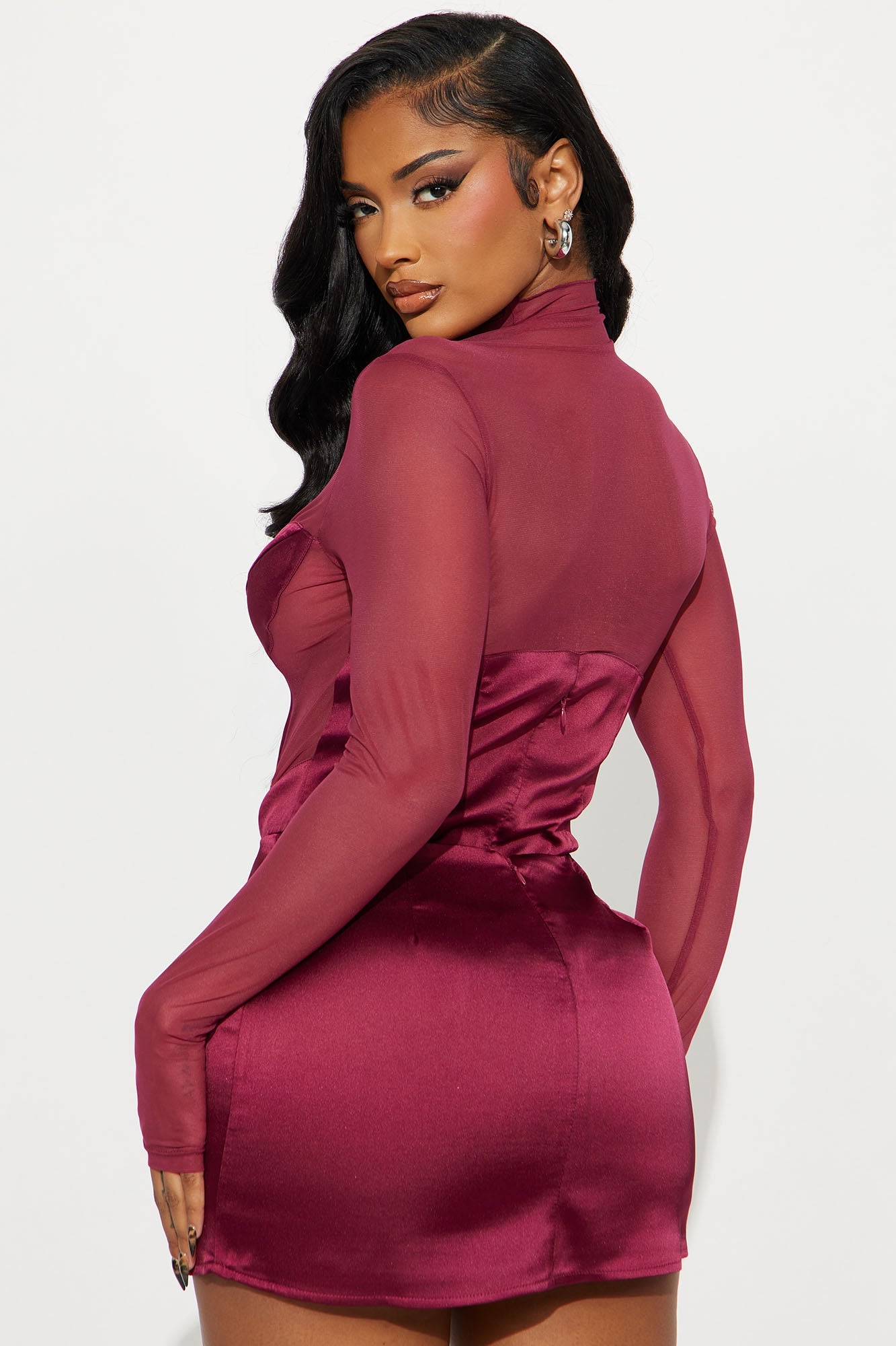 Caught On Camera Satin Bodysuit Skirt Set - Burgundy 