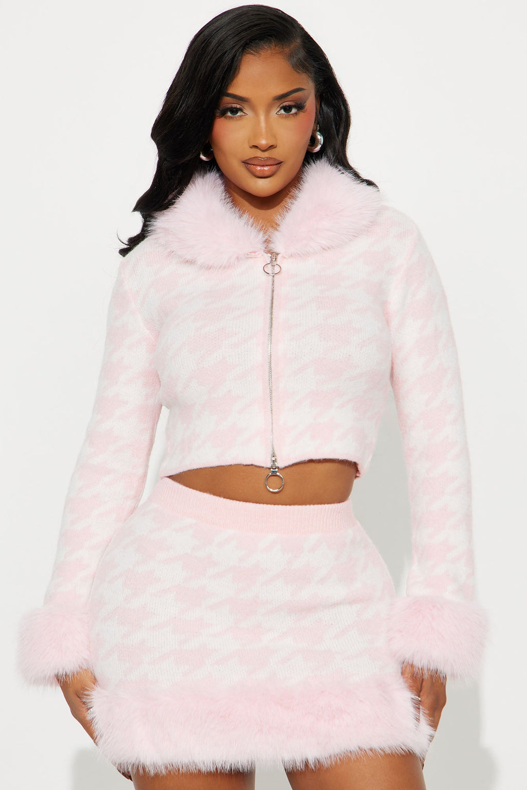 Cher Fur Trim Cardigan Sweater Skirt Set - Pink