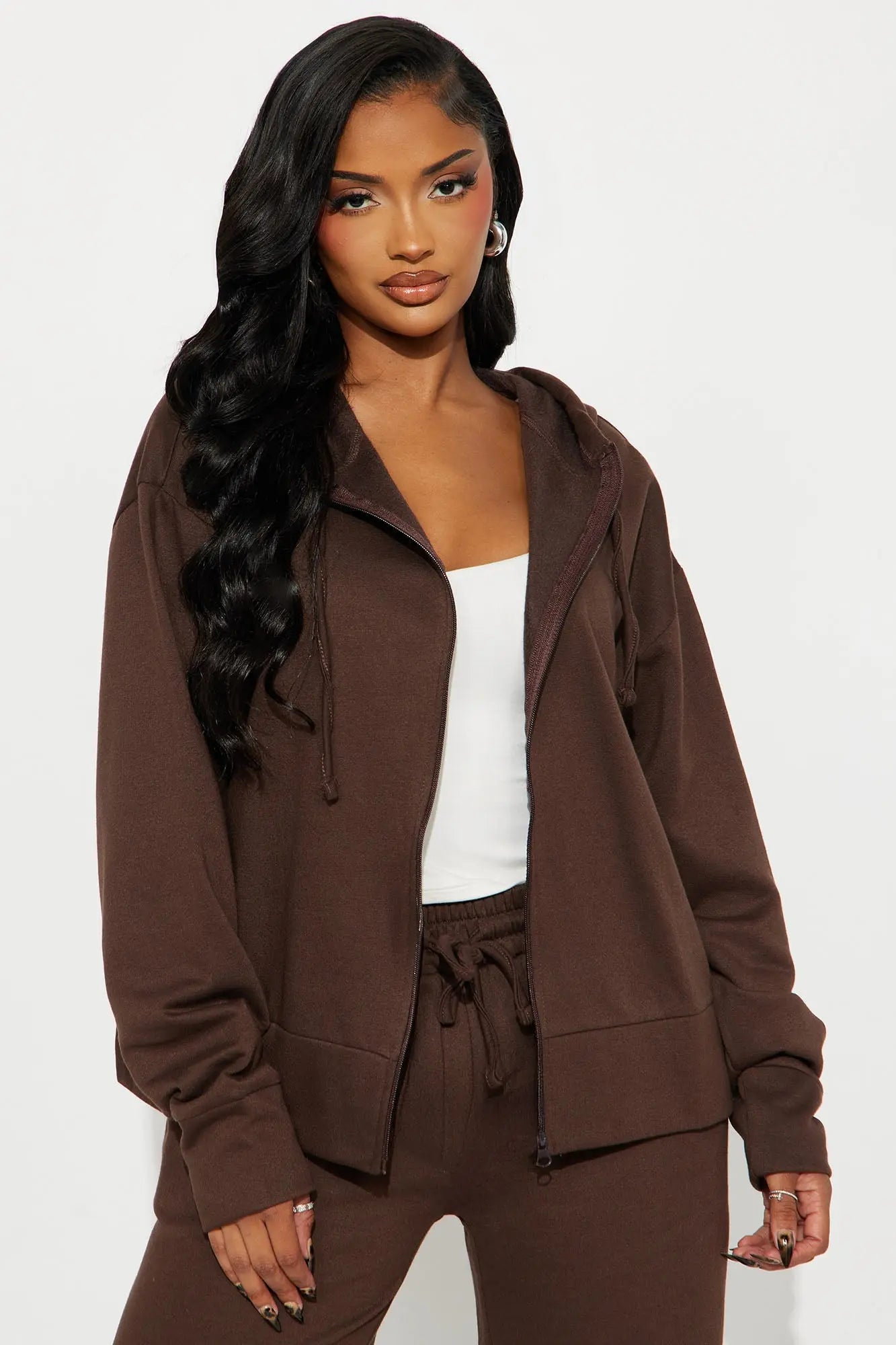 Brooke Oversized Zip Up Fleece Pant Set - Chocolate 