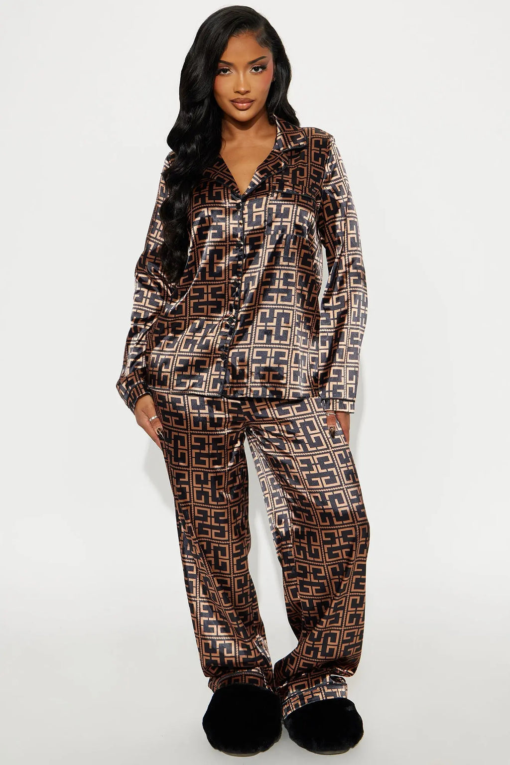 Bedtime Stretch Satin Long Sleeve PJ Pant Set - Black/combo 