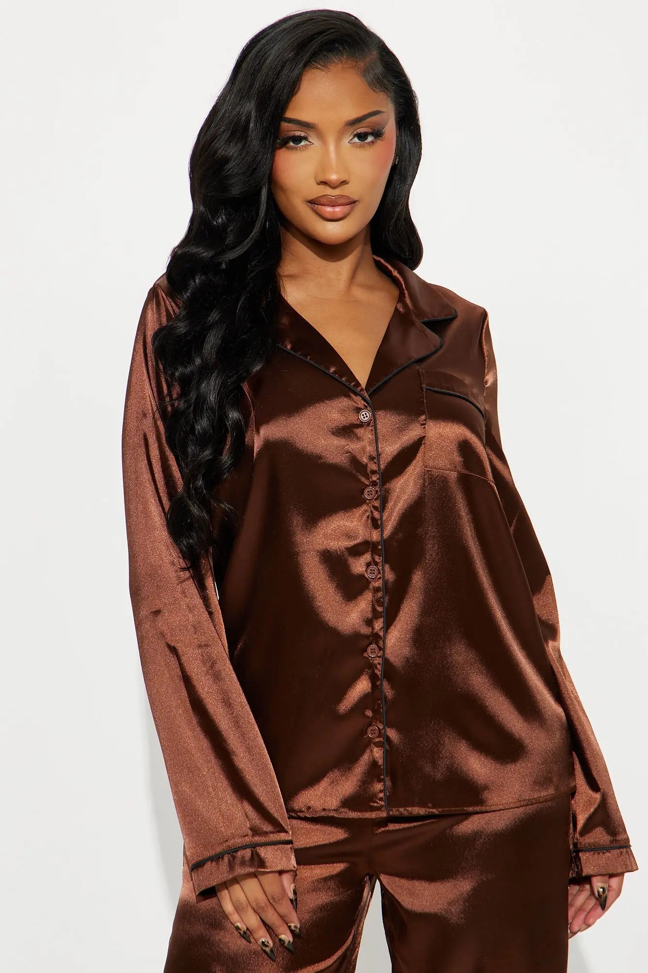 Bedtime Stretch Satin Long Sleeve PJ Pant Set - Chocolate 
