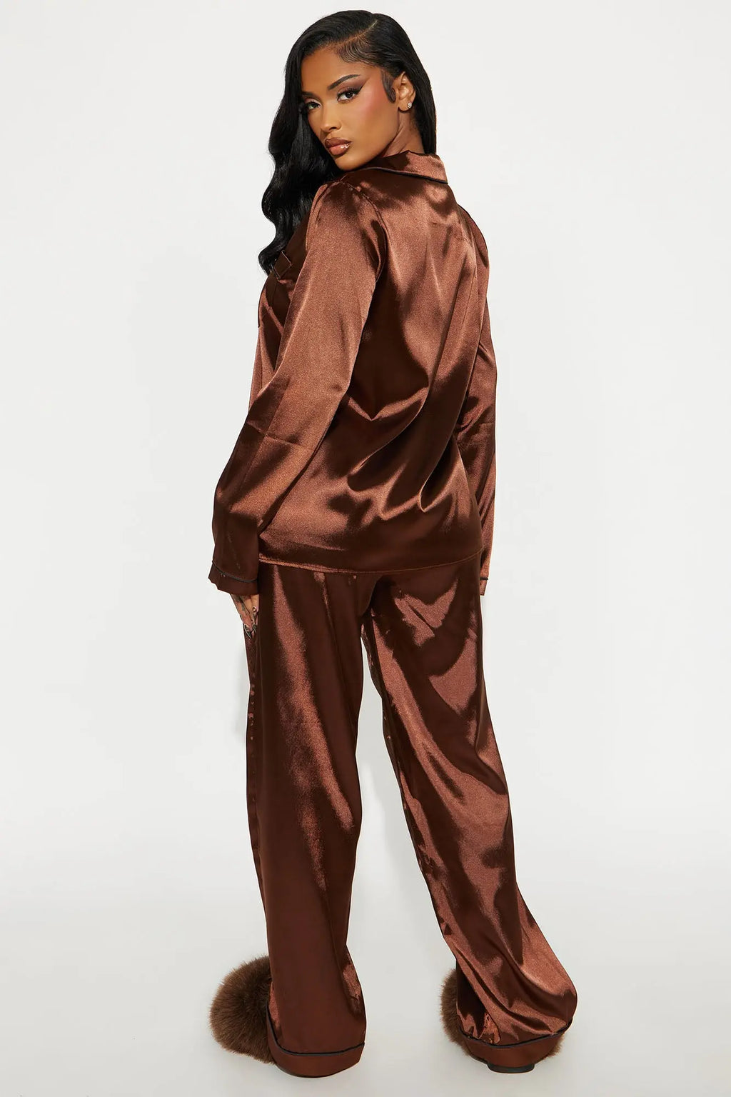Bedtime Stretch Satin Long Sleeve PJ Pant Set - Chocolate 