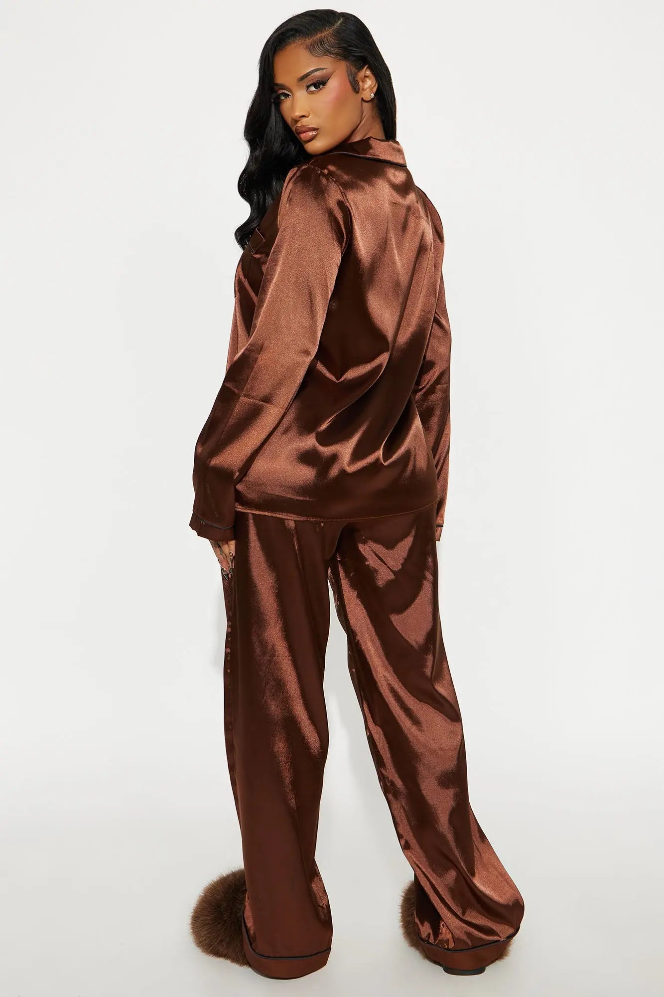 Bedtime Stretch Satin Long Sleeve PJ Pant Set - Chocolate 