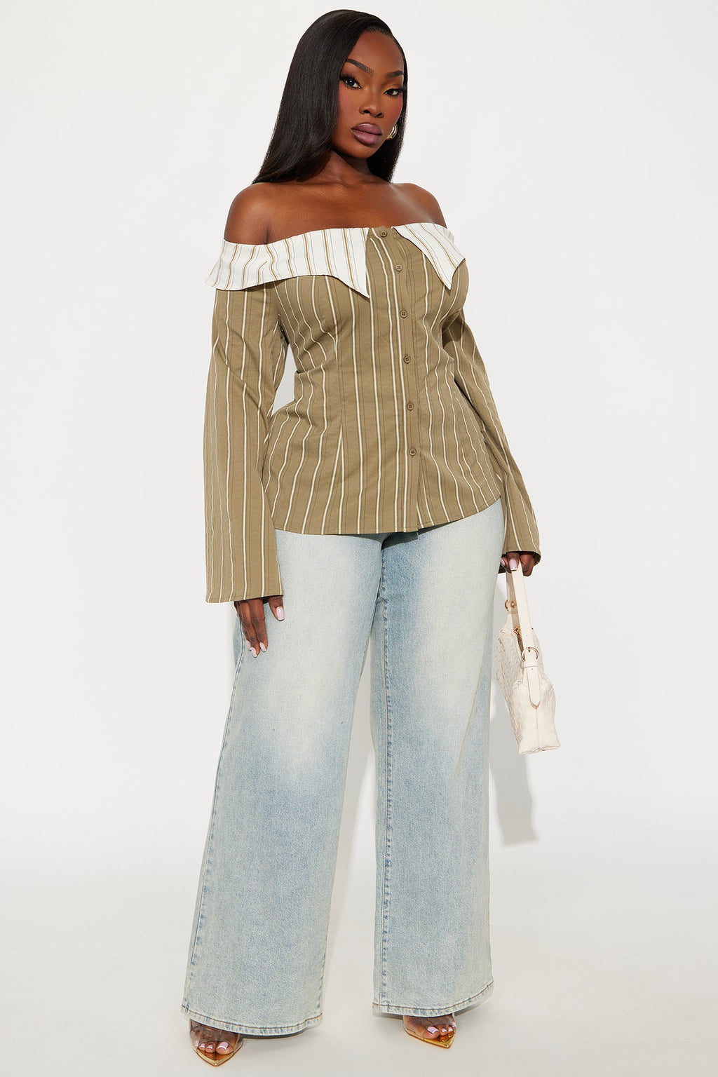 Spilling Secrets Off Shoulder Pinstripe Shirt - Olive/combo