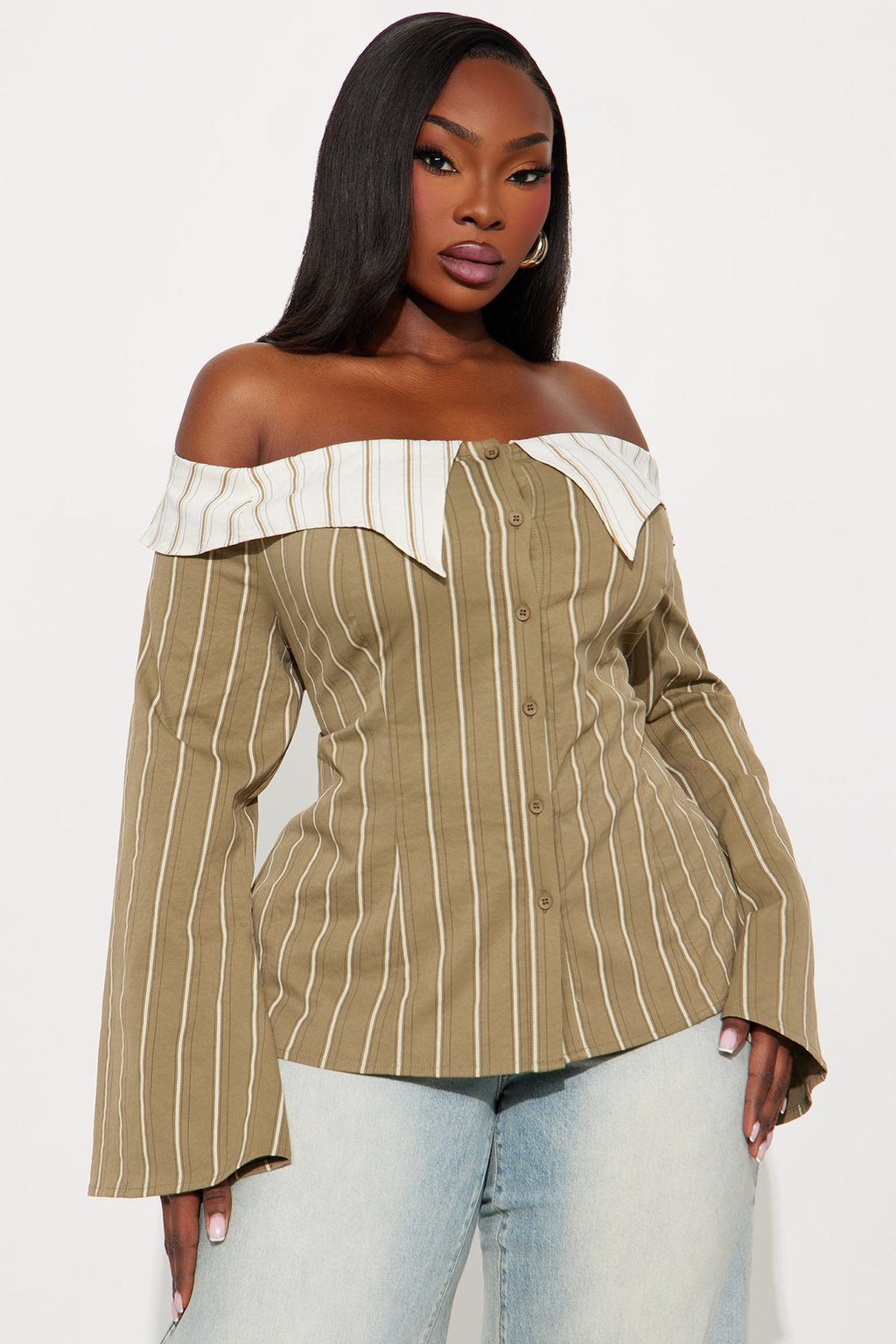 Spilling Secrets Off Shoulder Pinstripe Shirt - Olive/combo