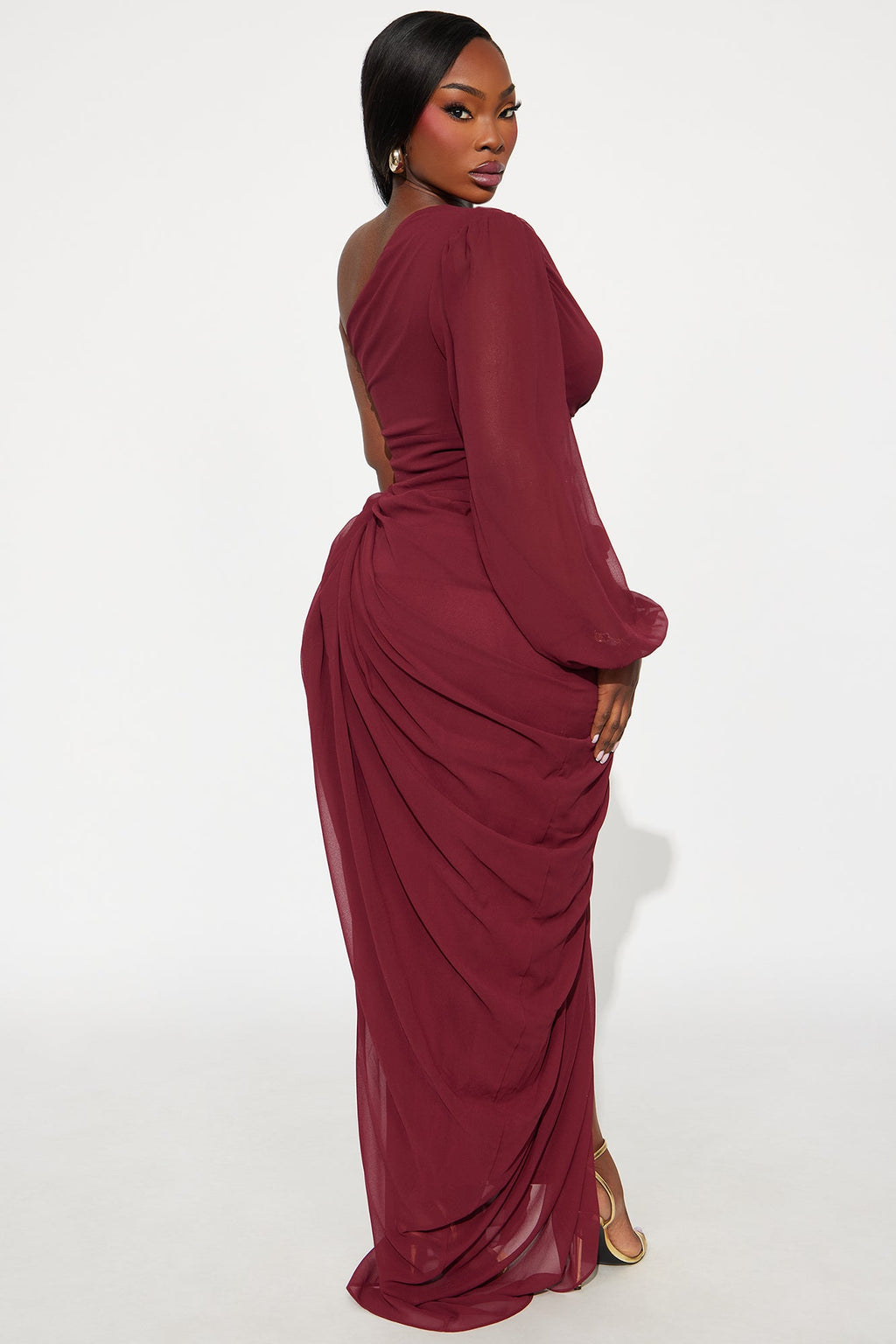 Leanne Chiffon Draped One Shoulder Maxi Dress - Burgundy