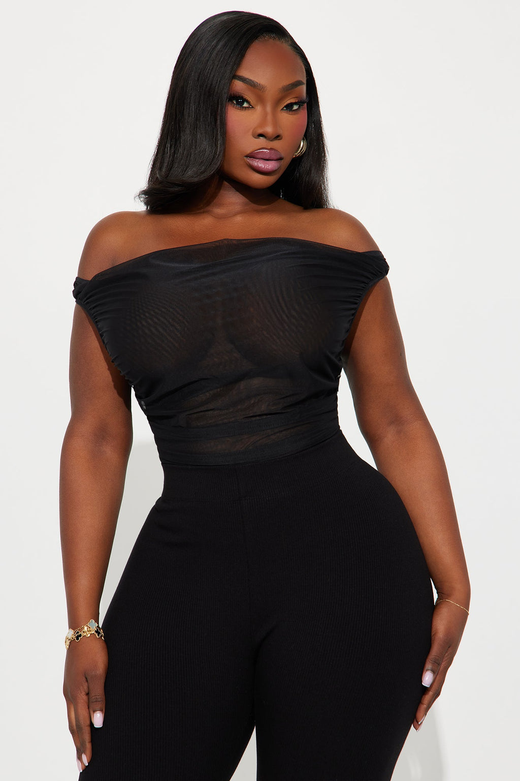Give A Little Ruched Mesh Bodysuit - Black
