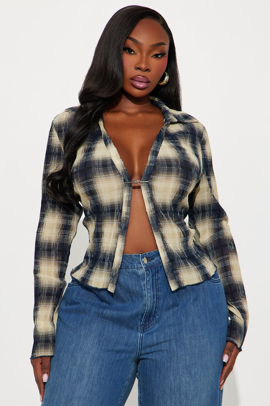 Best Of Me Plaid Chiffon Shirt - Navy/combo