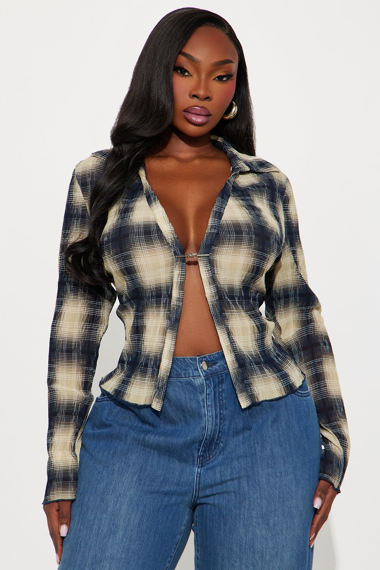 Best Of Me Plaid Chiffon Shirt - Navy/combo