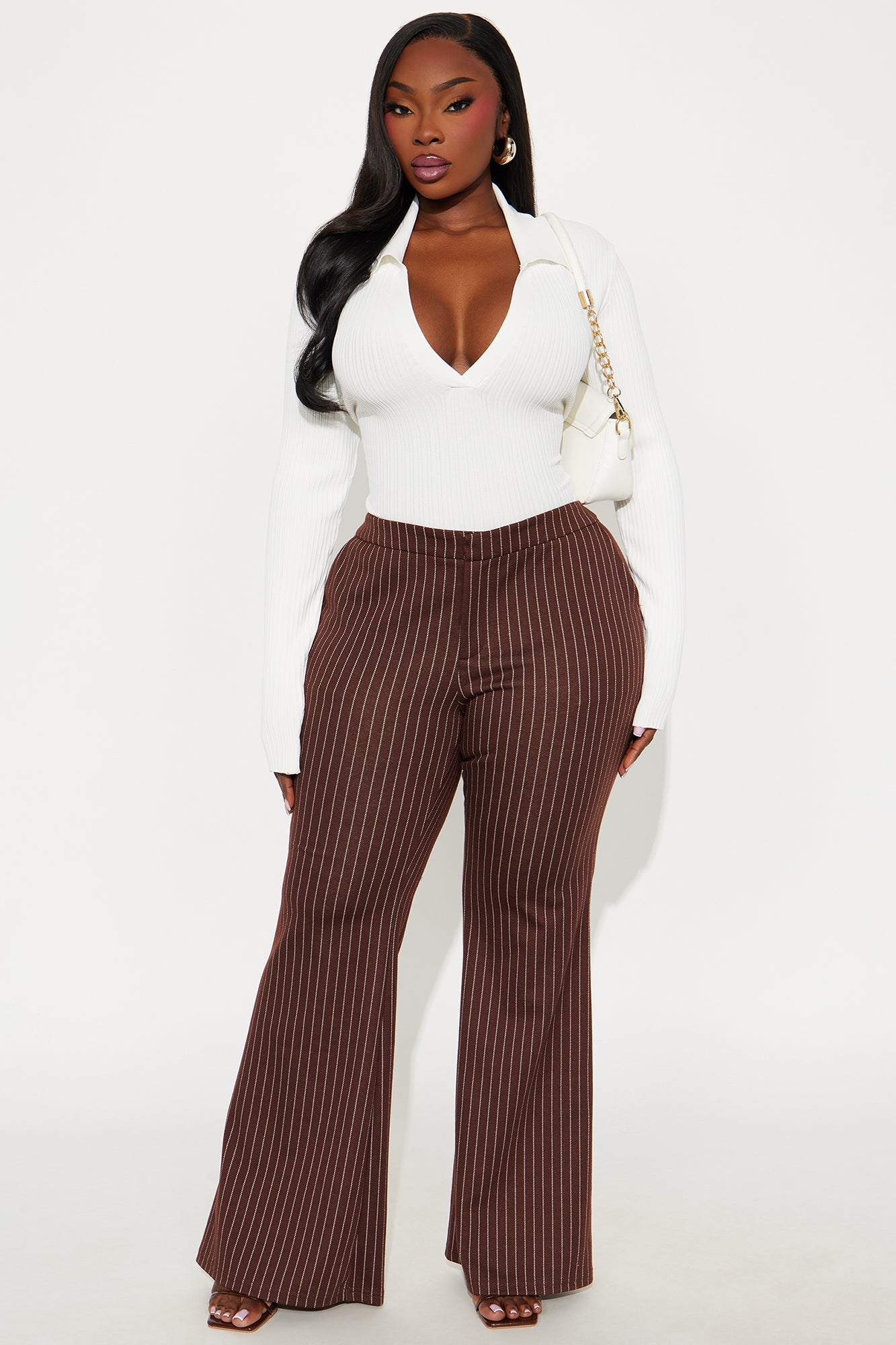 Nadine Pinstripe Stretch Flare Pant 33″ - Brown