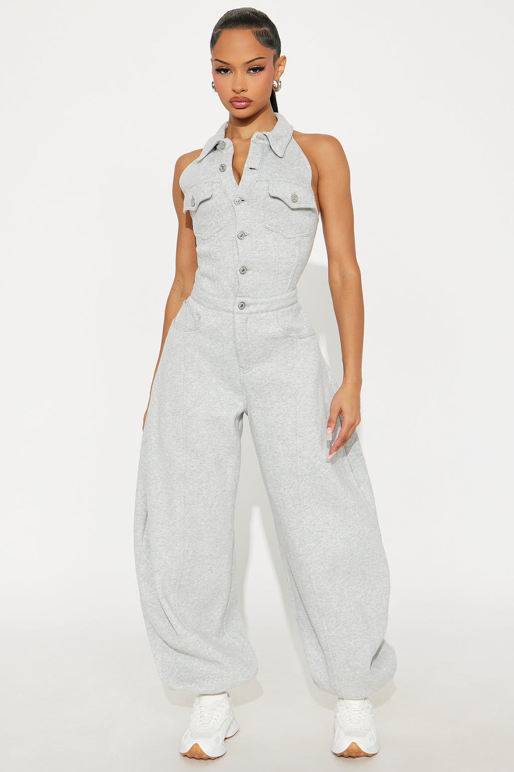 Private Fitting Halter Jogger Leg Jumpsuit - Heather Grey