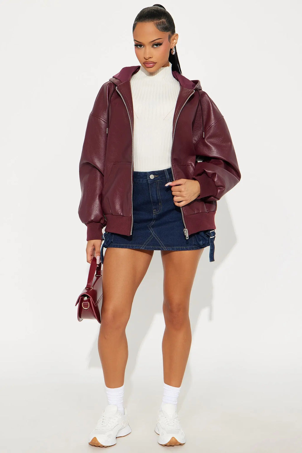 Alix Faux Leather Oversized Bomber Jacket - Burgundy 