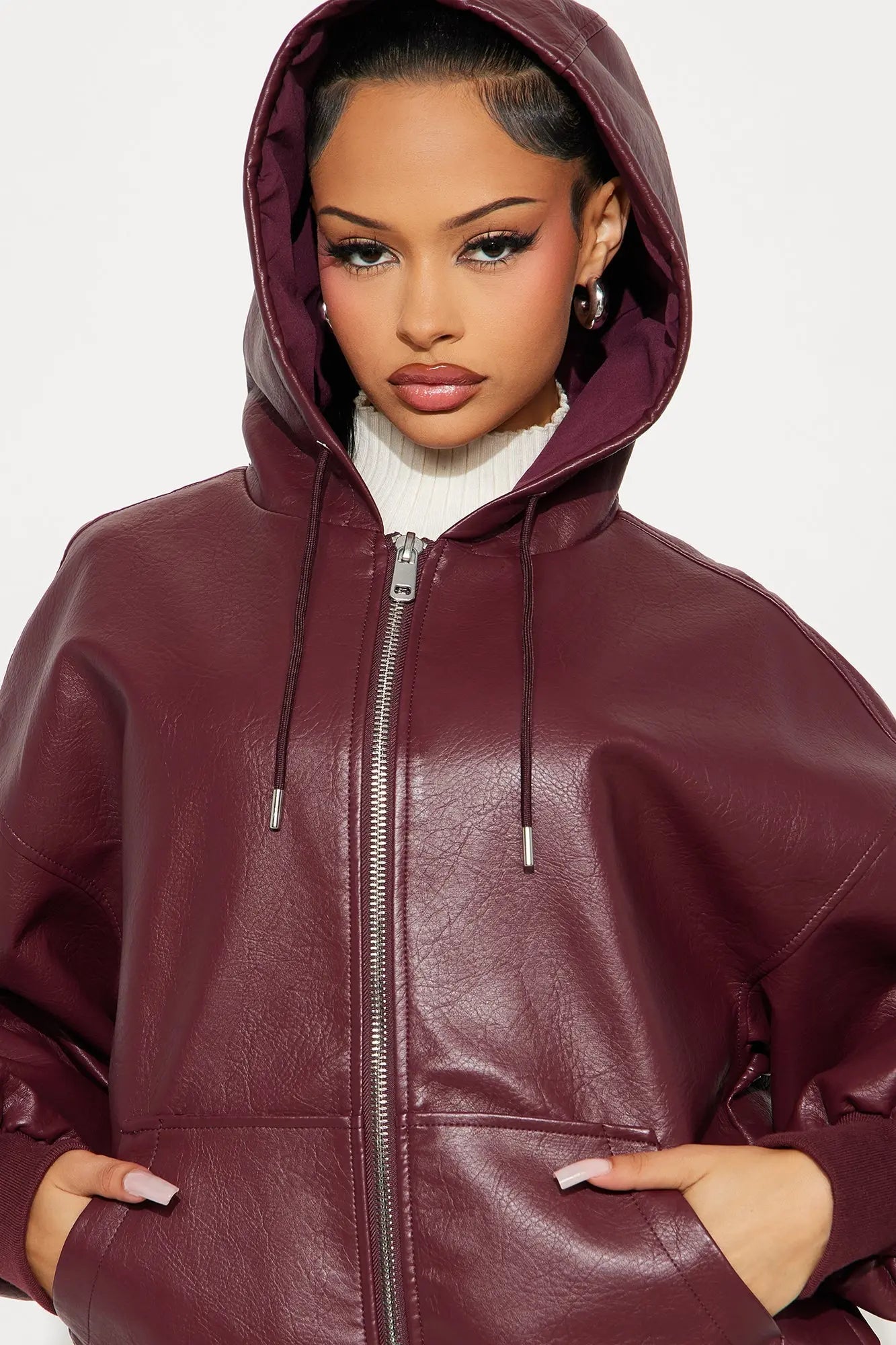 Alix Faux Leather Oversized Bomber Jacket - Burgundy 