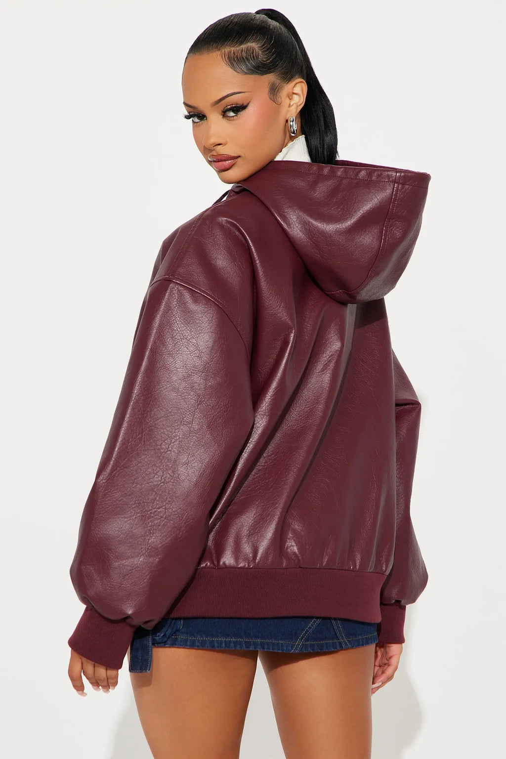 Alix Faux Leather Oversized Bomber Jacket - Burgundy 