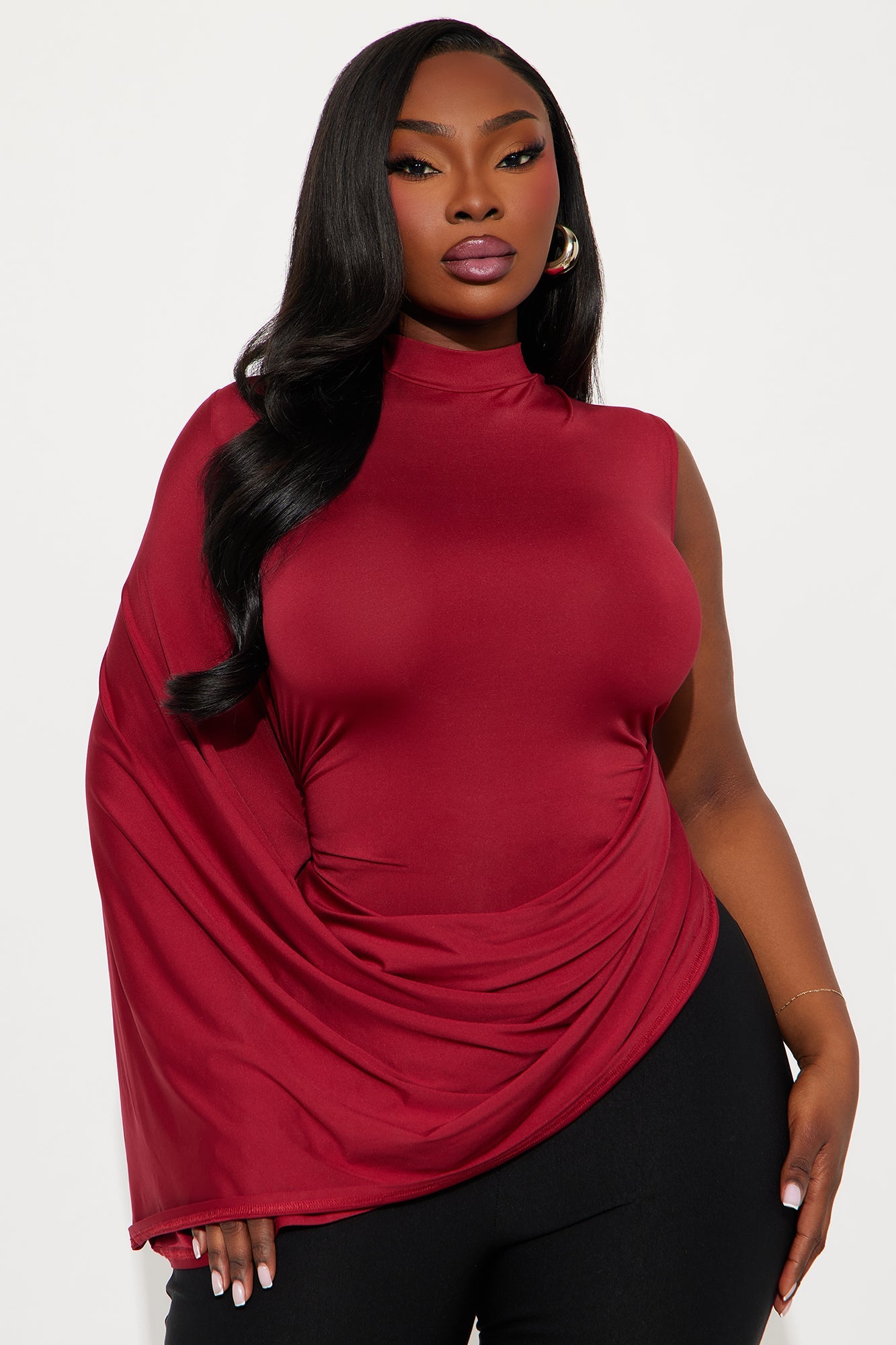 Origin Story Draped Mock Neck Top - Burgundy