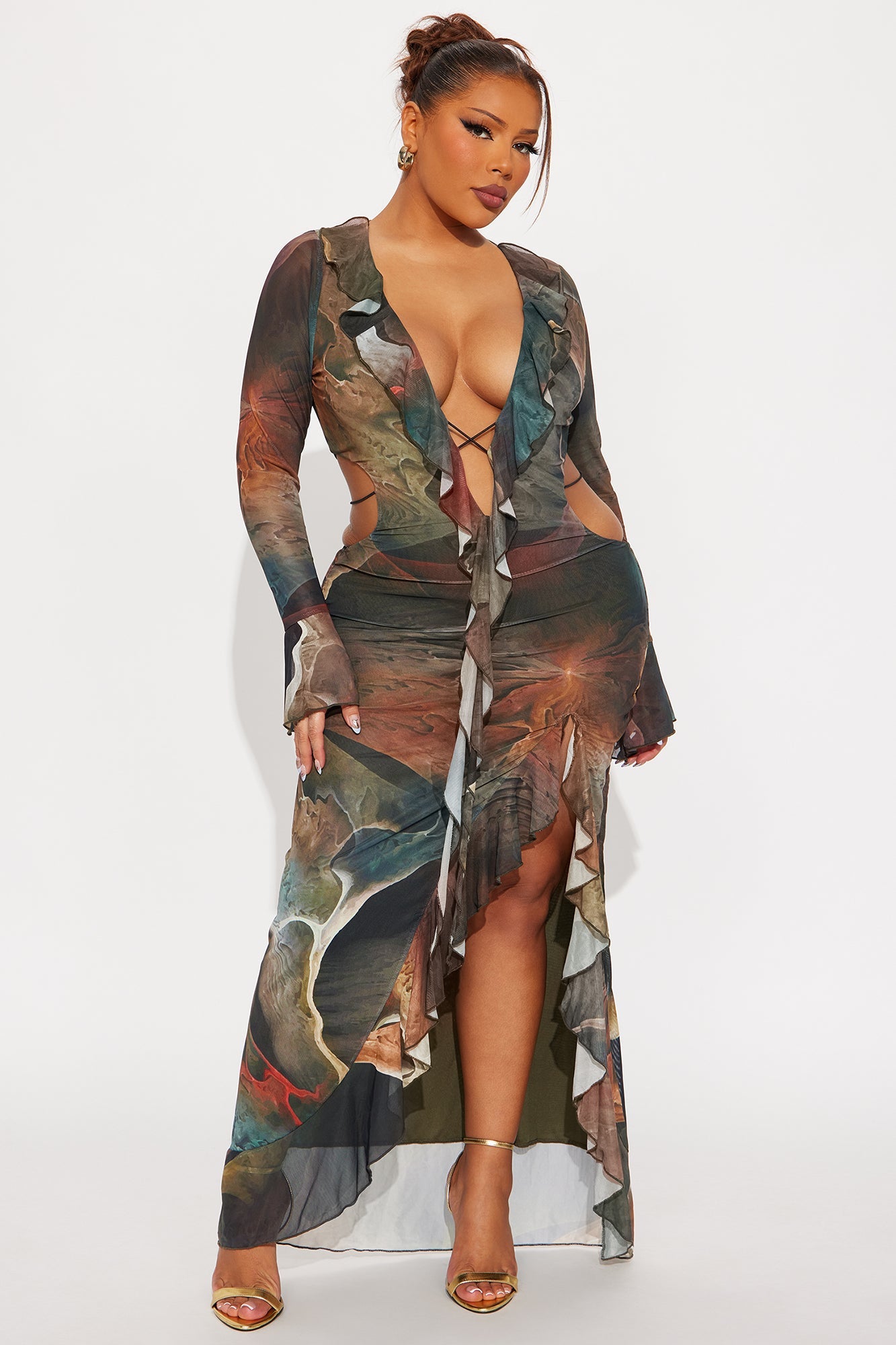 Tazz Abstract Open Back Maxi Dress - Olive/combo