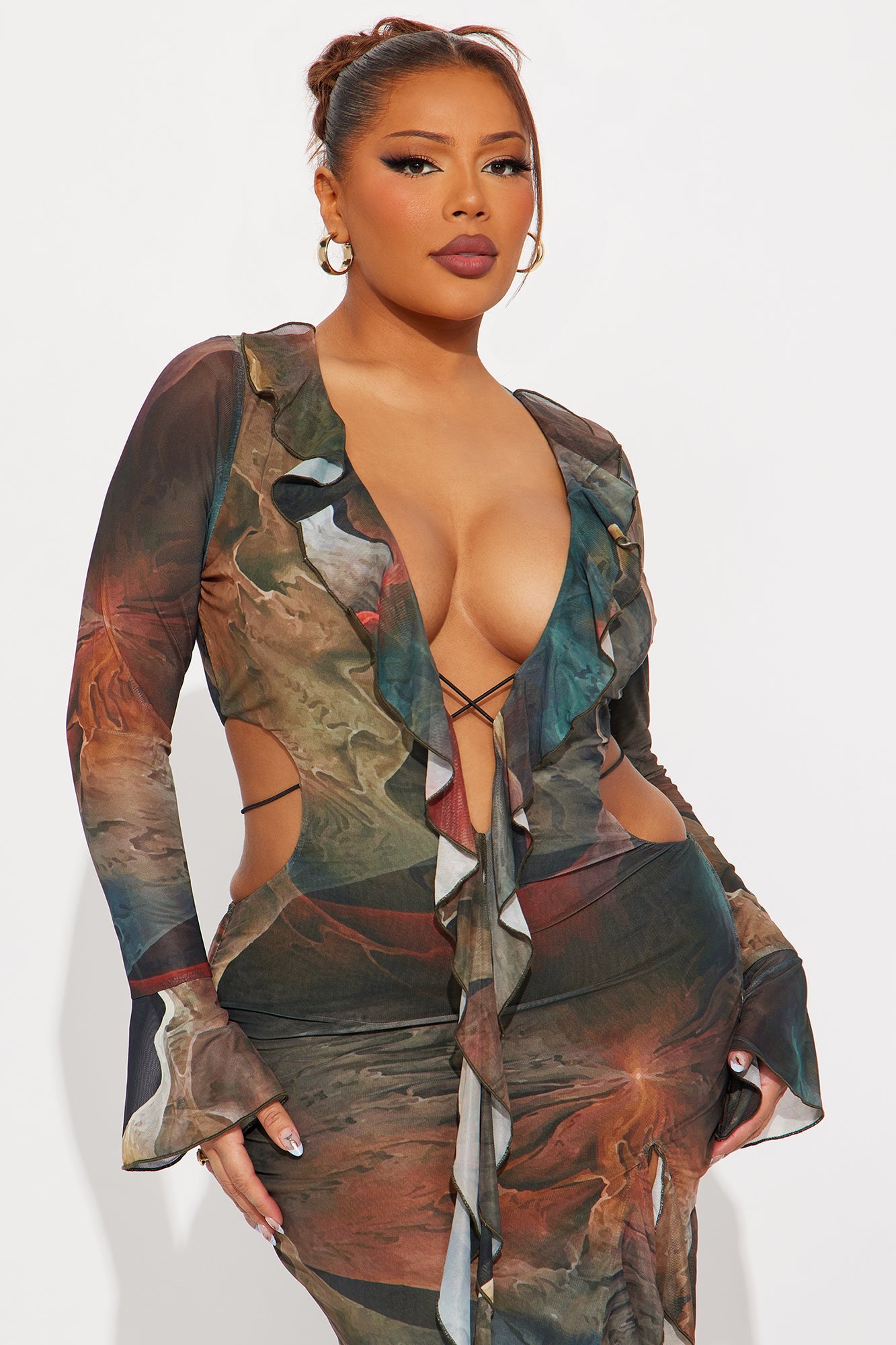 Tazz Abstract Open Back Maxi Dress - Olive/combo