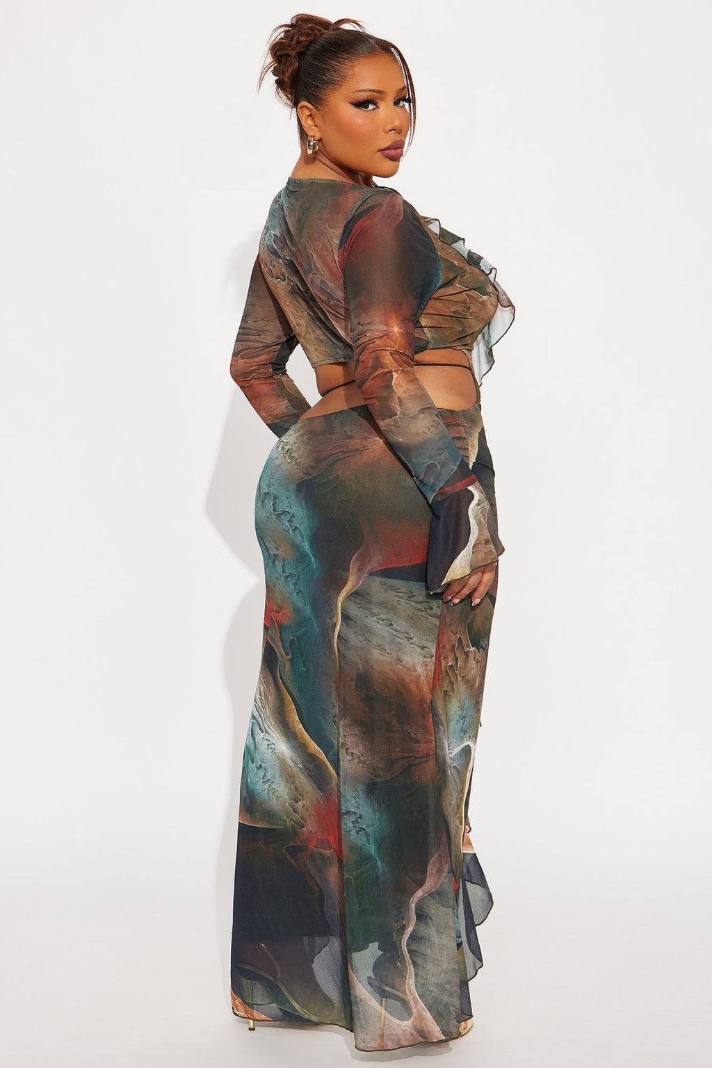 Tazz Abstract Open Back Maxi Dress - Olive/combo