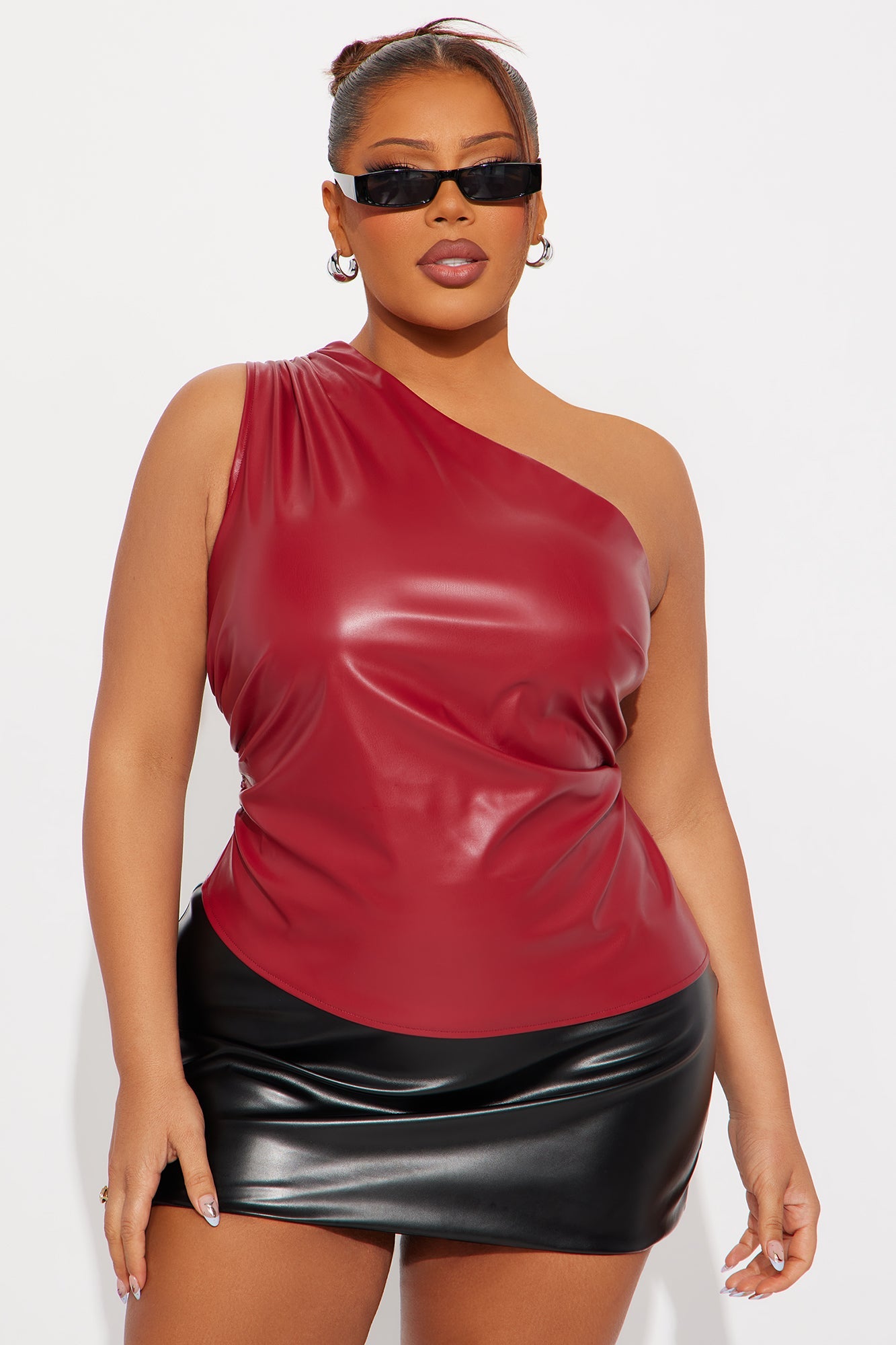 Flavia Faux Leather One Shoulder Top - Red