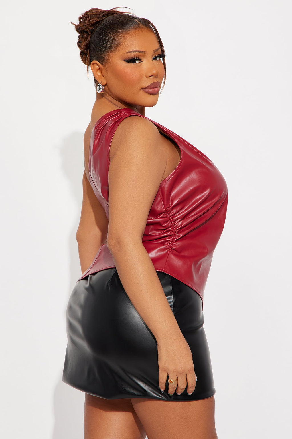 Flavia Faux Leather One Shoulder Top - Red