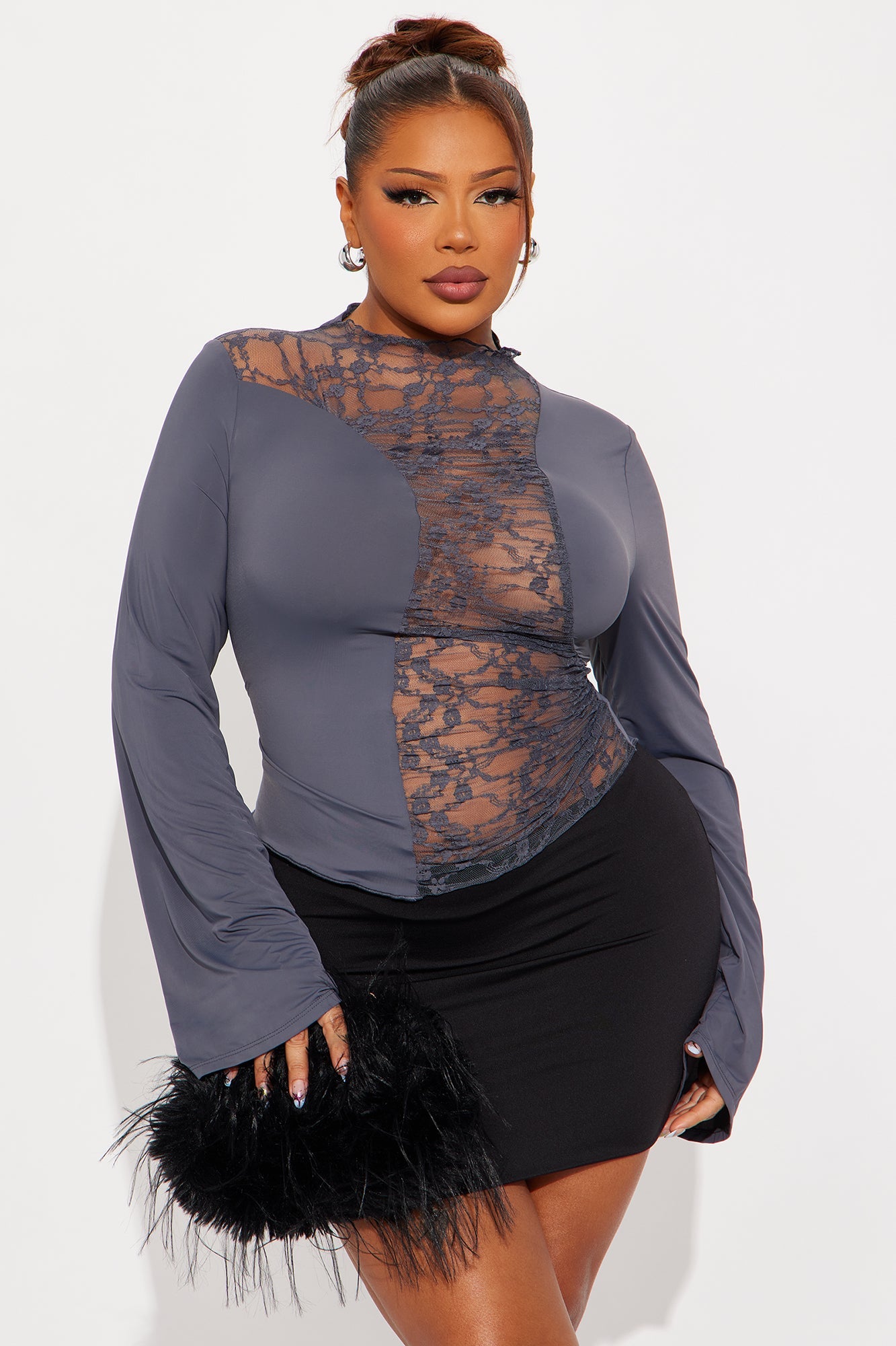 Valerie Long Sleeve High Neck Top - Charcoal