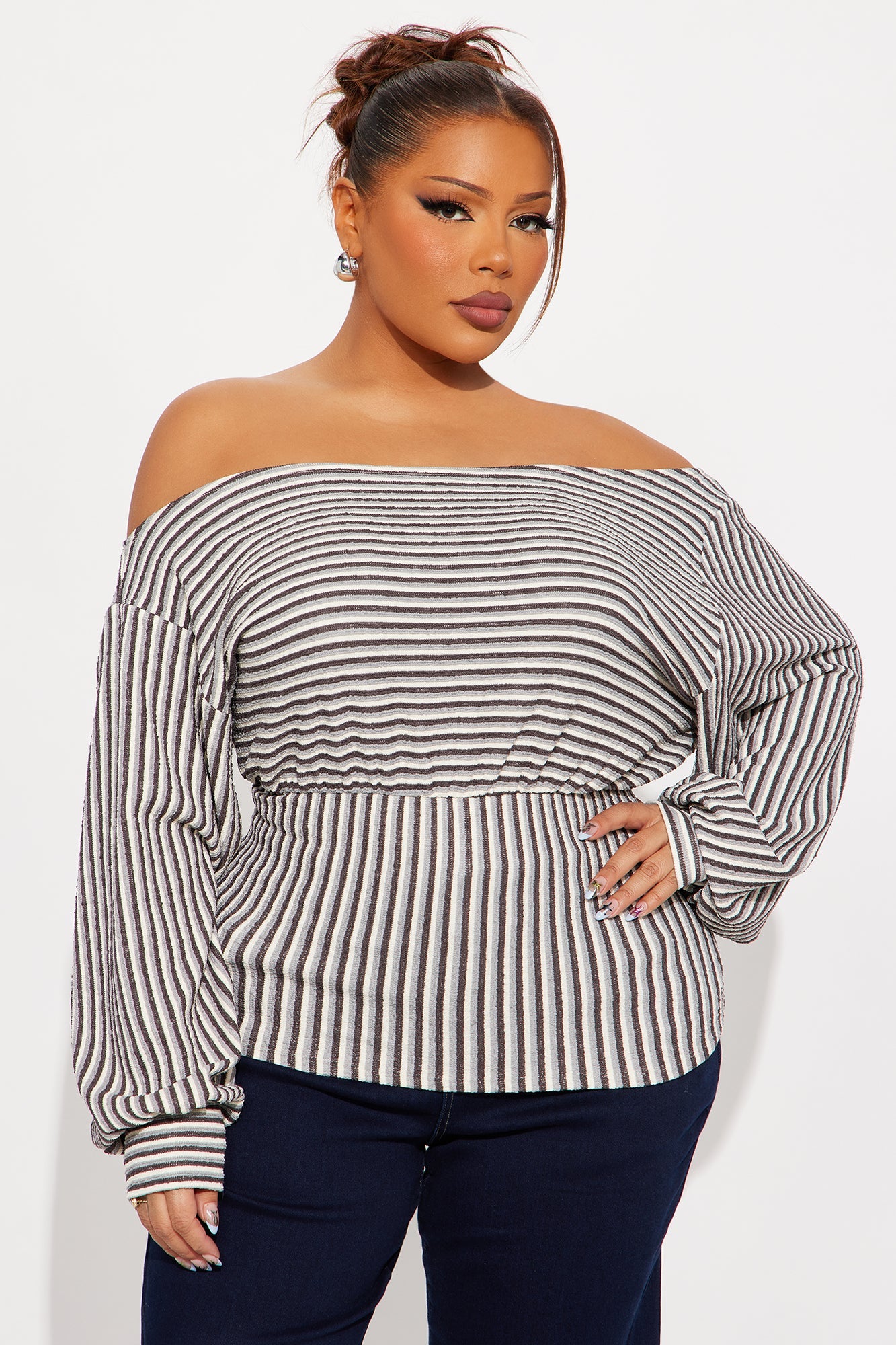 Locked In Striped Off Shoulder Top - Brown/combo