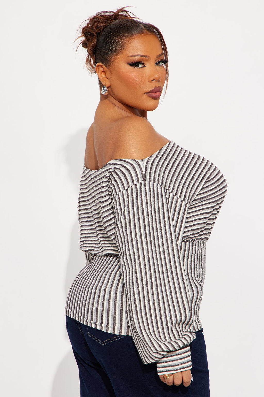 Locked In Striped Off Shoulder Top - Brown/combo