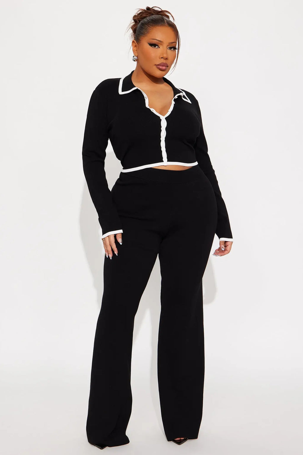 Contrast Edge Sweater Pant Set - Black 